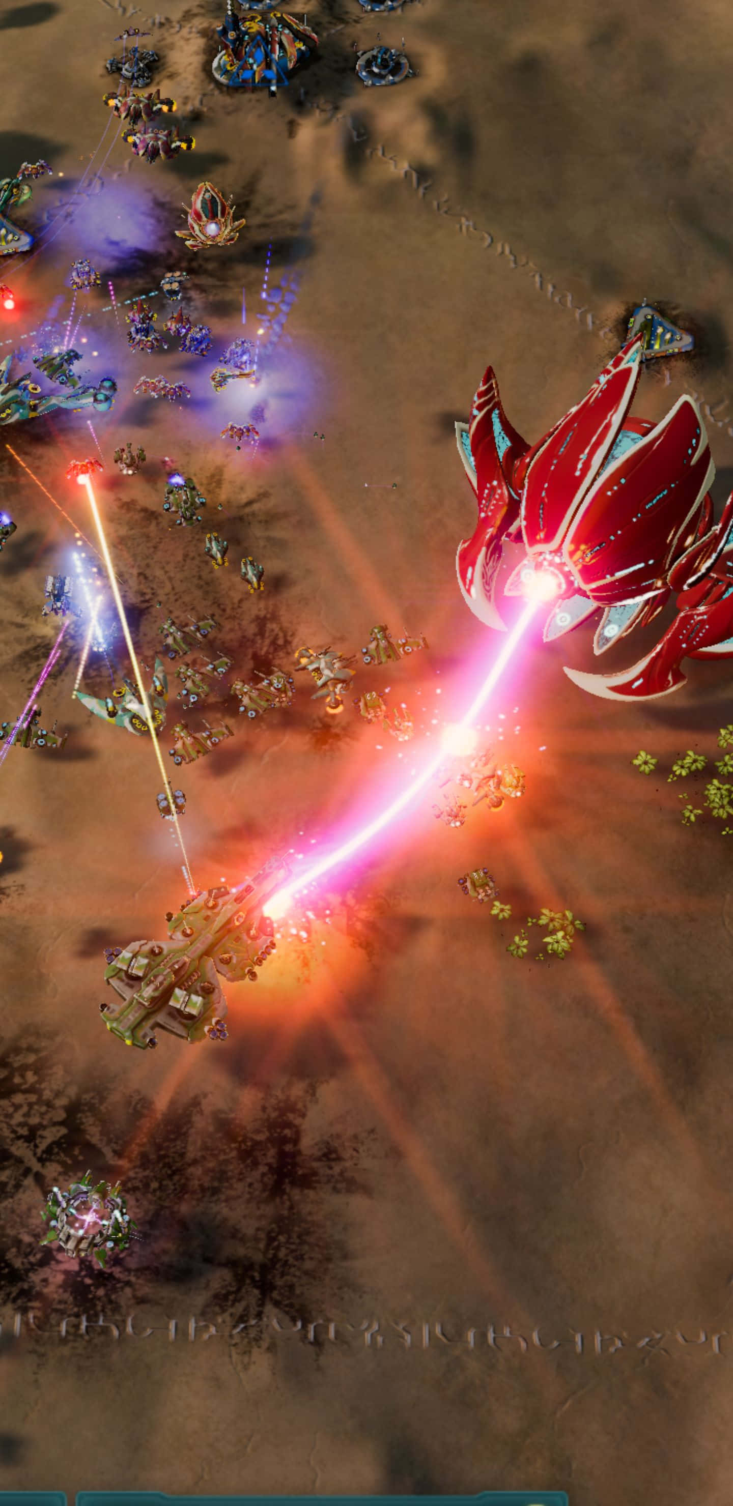 沉浸在 Pixel 3xl《Ashes of the Singularity Escalation》的壯觀視覺體驗中 壁紙 — 一艘紅色的未來太空船在沙漠戰場上向敵方單位發射明亮的粉紅色光束，伴隨著發光的爆炸。