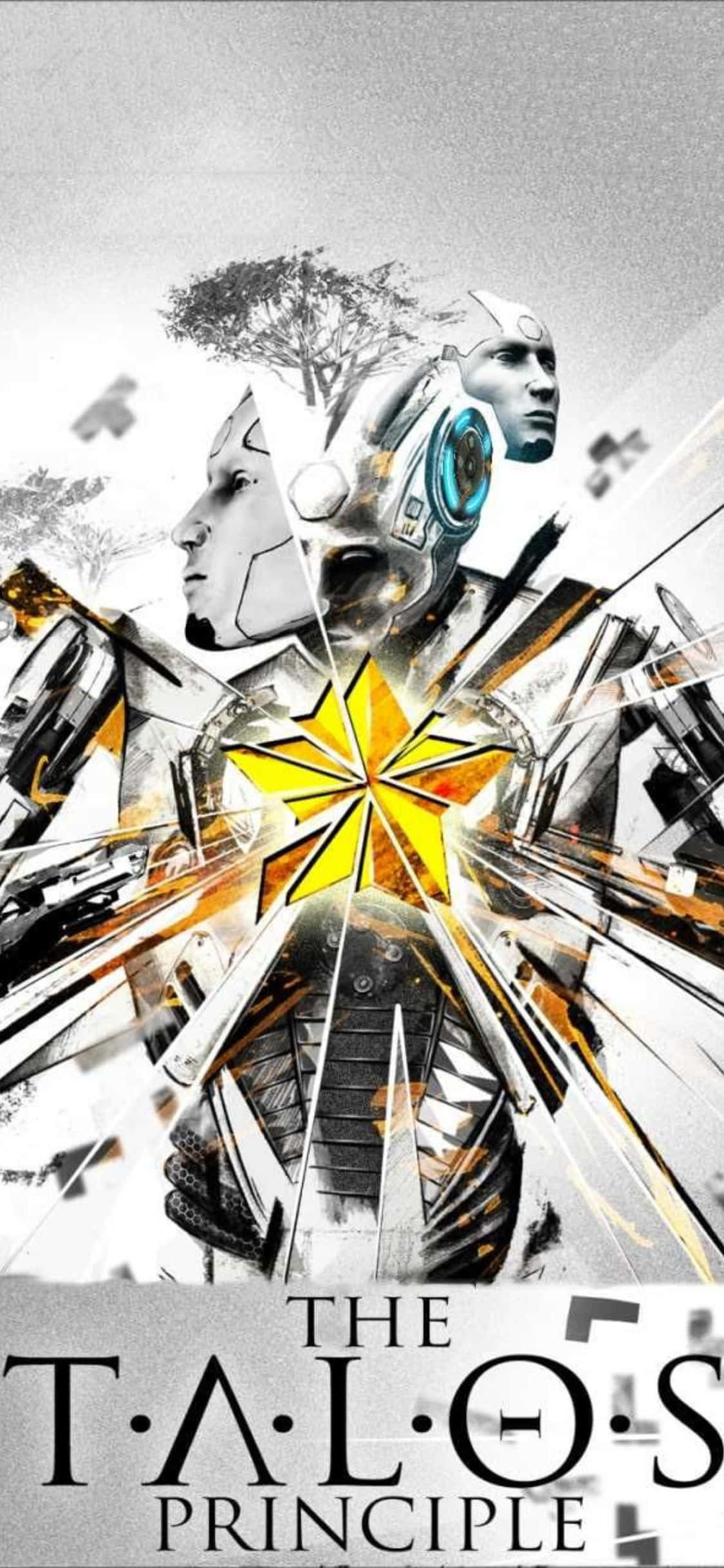 沉浸在《The Talos Principle》的震撼遊戲體驗中 壁紙 — 一個碎片化的數碼藝術肖像，描繪機械人和人類面孔，中央有發光的黃色星爆。