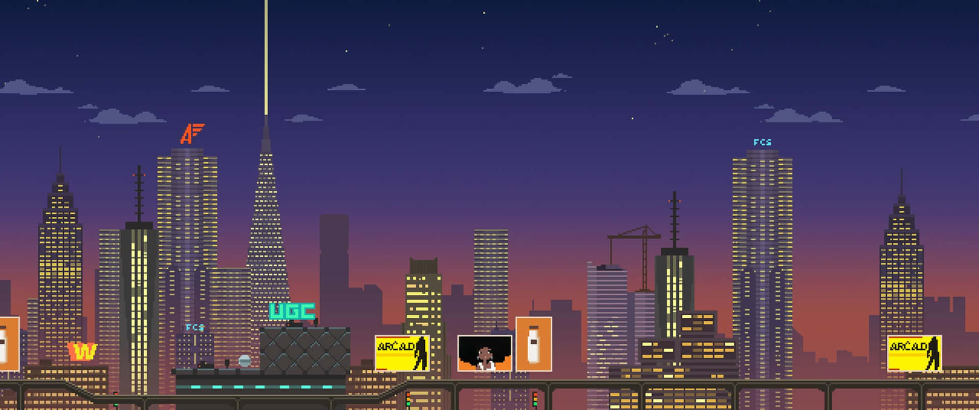 夜晚，在星空下，像素化的城市景觀，發光的建築物和街機標誌。