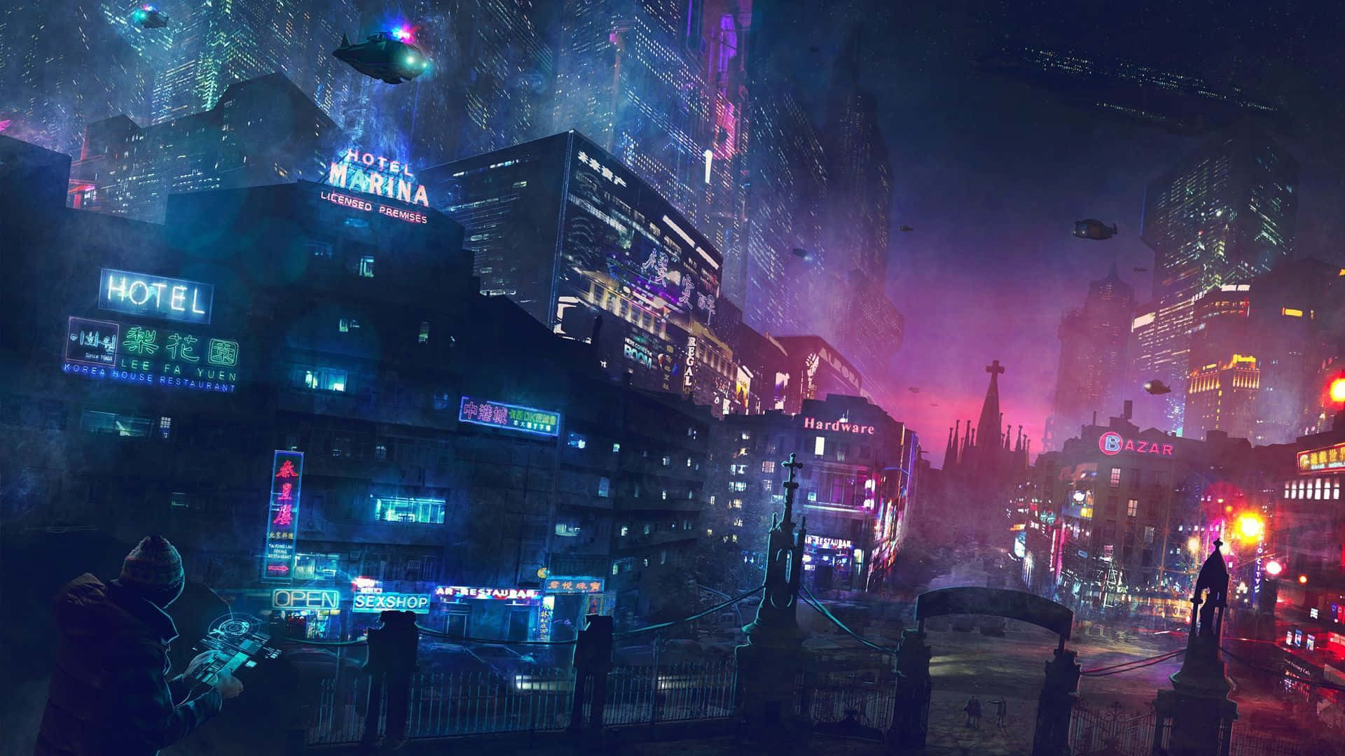 沉浸在《賽博朋克2077》的霓虹世界 壁紙 — 夜晚霓虹燈閃爍的賽博龐克城市景觀，高聳的摩天大樓在紫色霧霾和飛行車輛下發光。