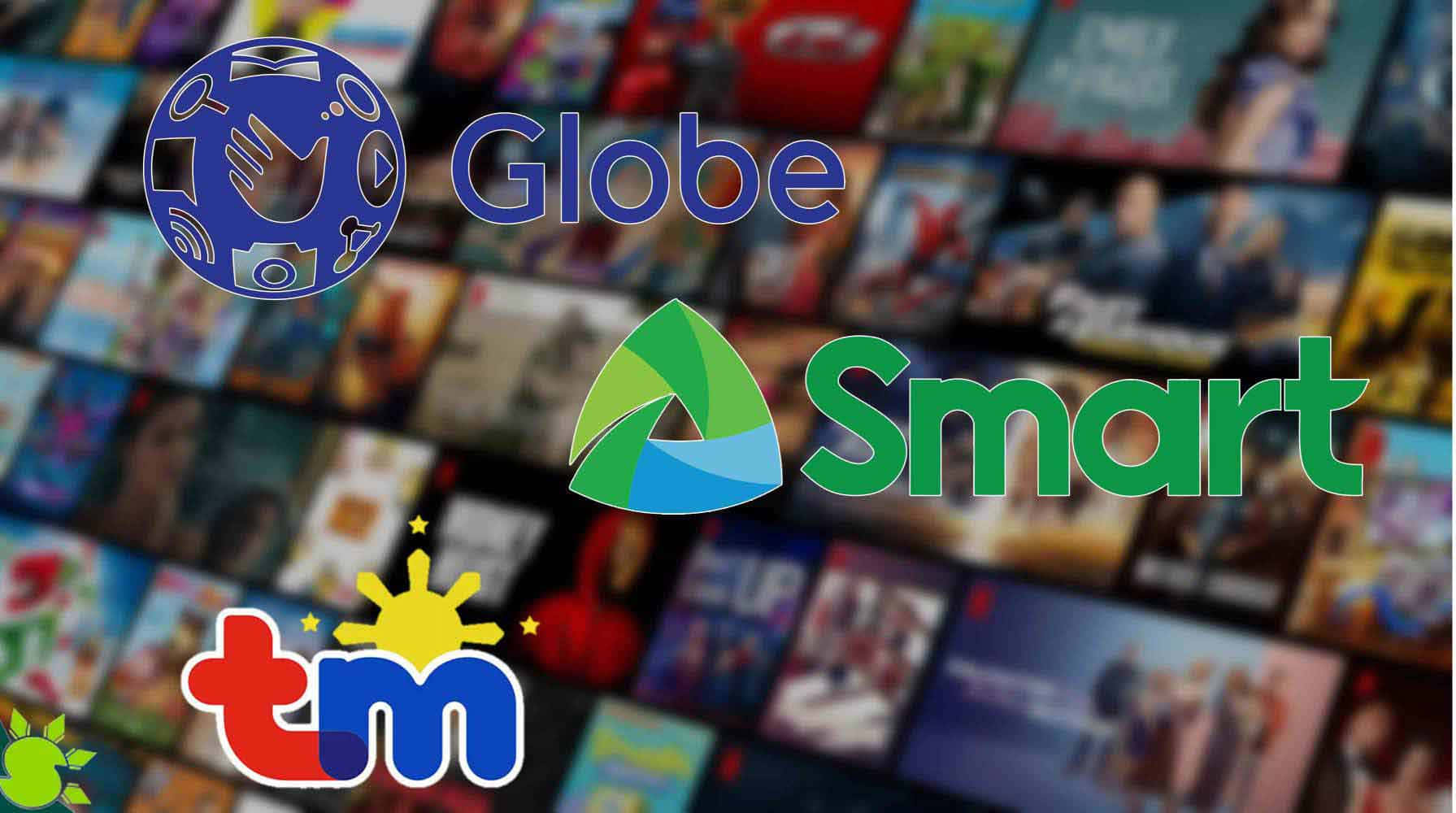 電訊公司標誌 Globe Smart 和 TM 在電影和電視節目封面背景上。