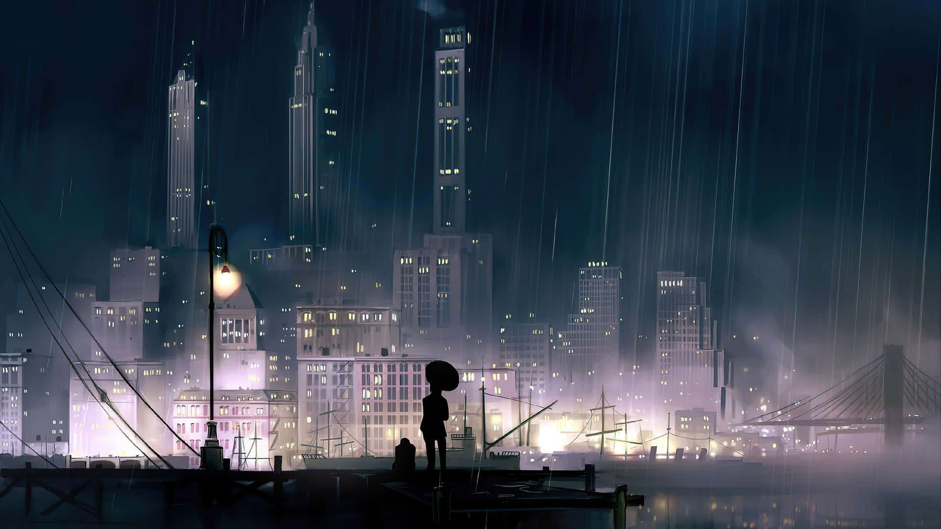 夜晚雨中城市碼頭上撐傘的人的剪影。