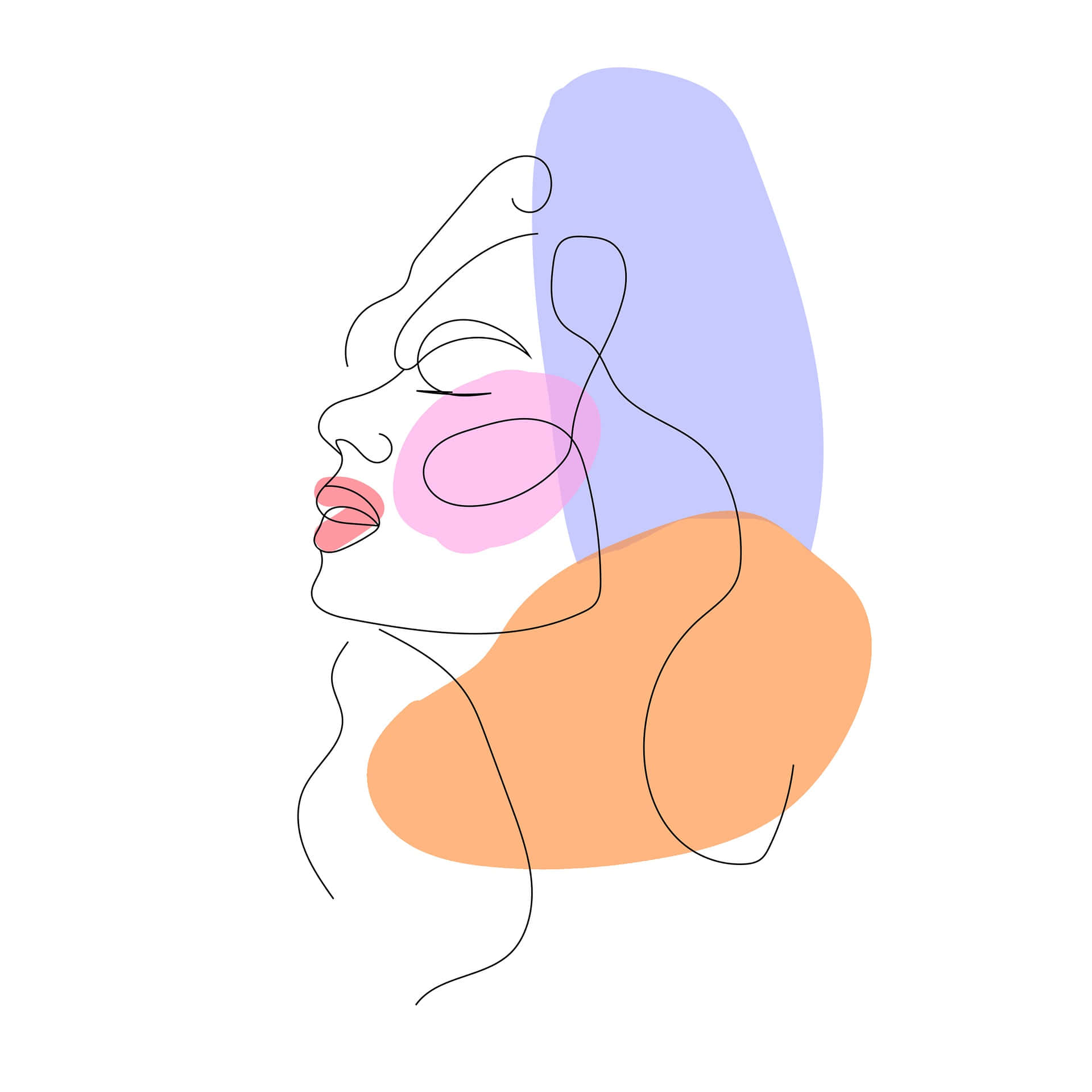 沉浸在多彩波西米亞藝術中 壁紙 — 一幅極簡線條畫，描繪女性側面臉龐，身後有柔和的粉紅色和紫色抽象形狀。