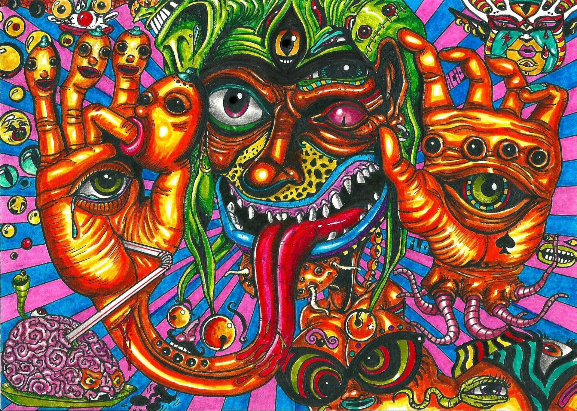 超現實迷幻藝術，帶有色彩繽紛怪誕的手、眼睛和面孔。