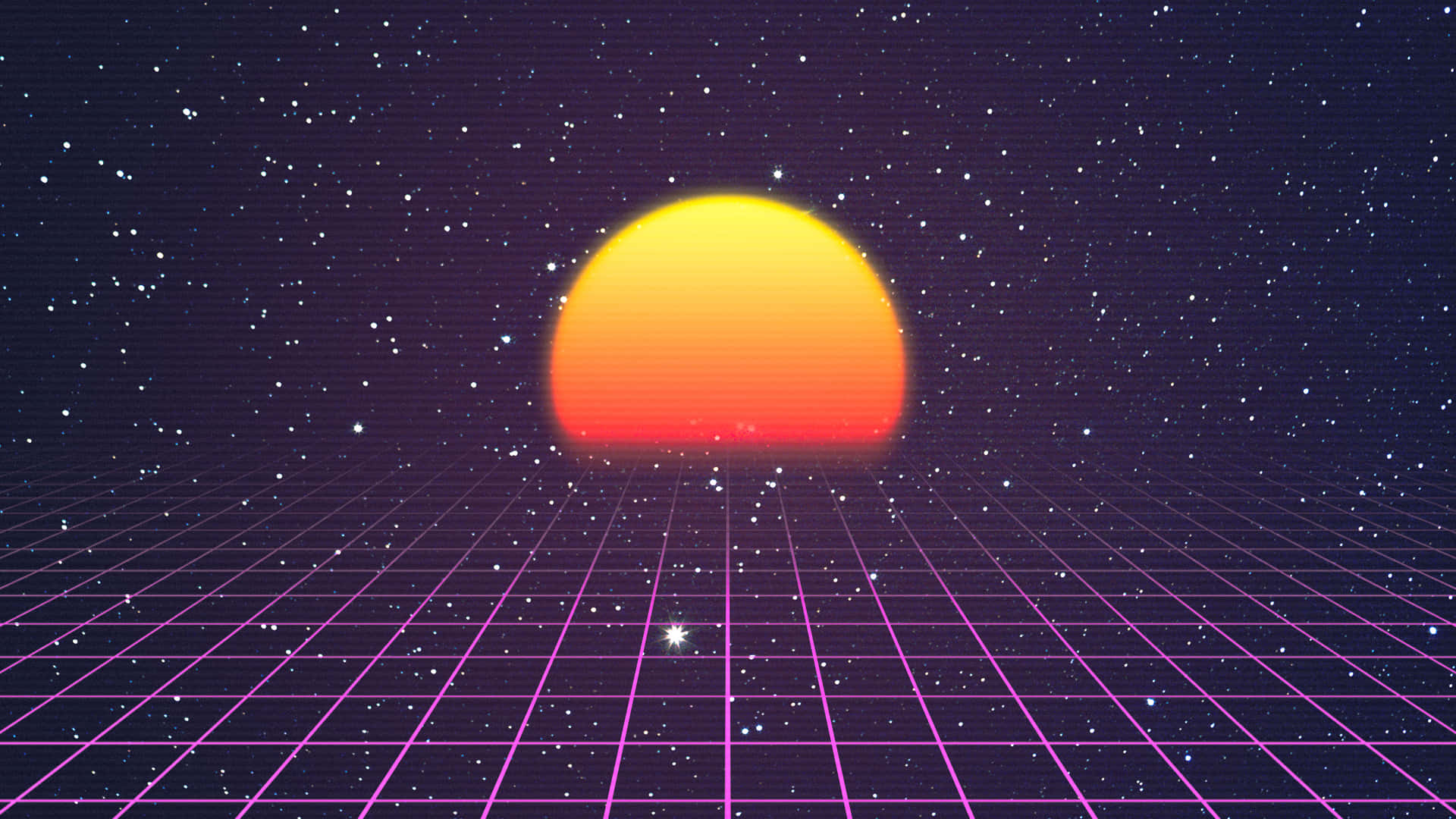 在星空數碼天空中，發光網格上的復古未來主義日落。