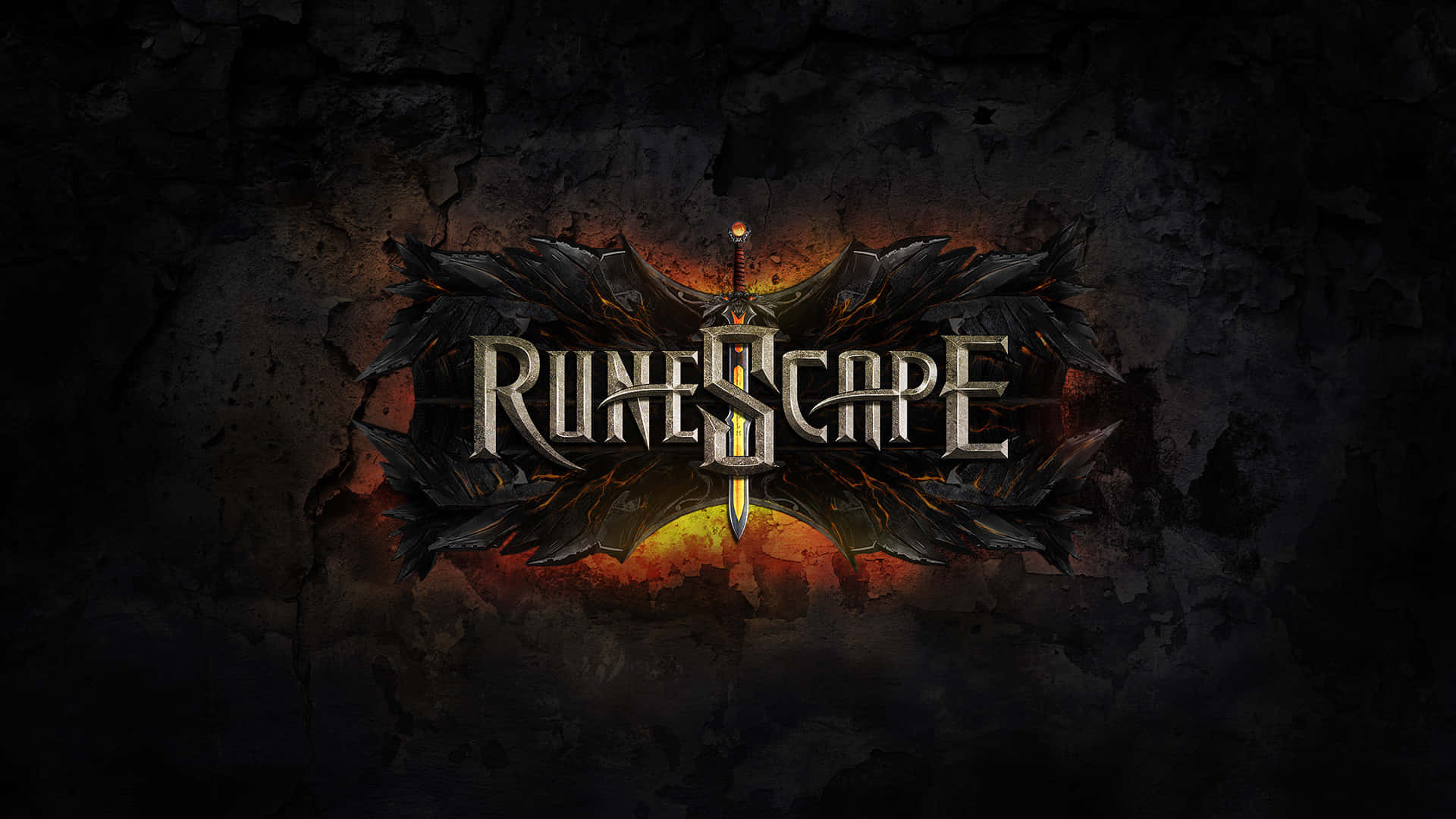 沉浸在經典《Runescape》奇幻世界 壁紙 — RuneScape 標誌在裂開的暗色石牆上發出火焰般的光芒，兩側有黑色羽毛翅膀。