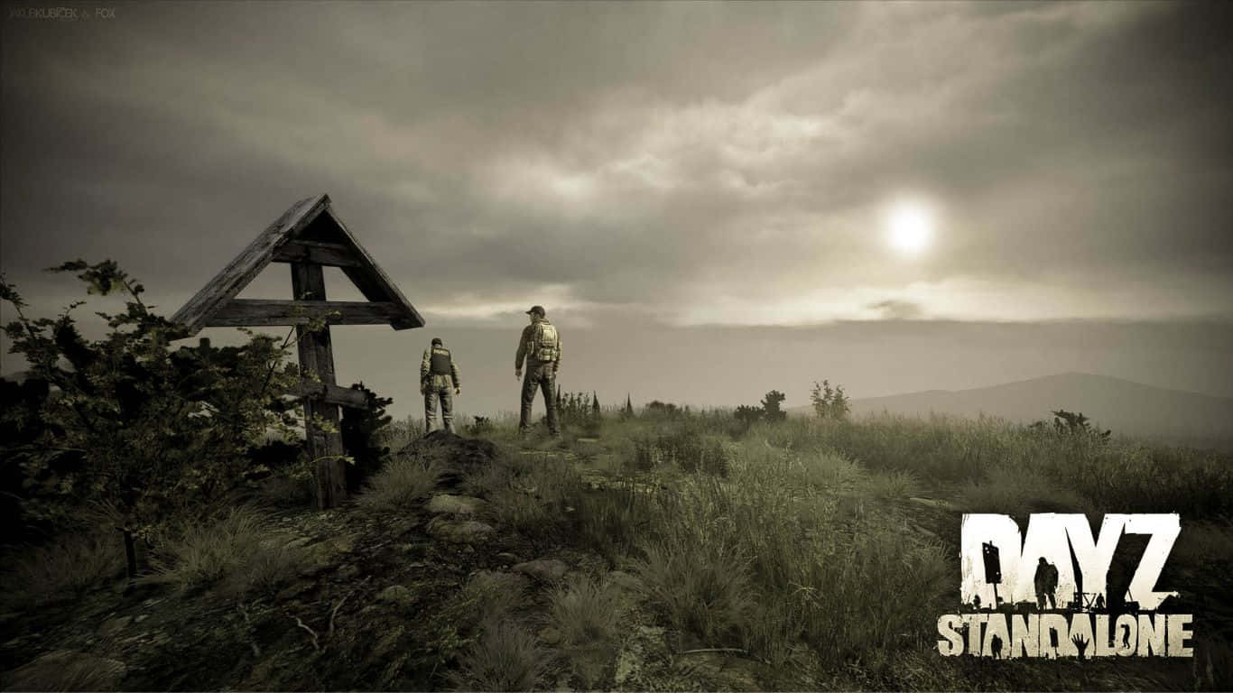 沉浸式 DayZ Epoch Mod 遊戲背景 壁紙 — 兩名倖存者站在長滿草的山丘上，旁邊有一個破損的木製十字架，天空陰沉多雲，陽光耀眼。