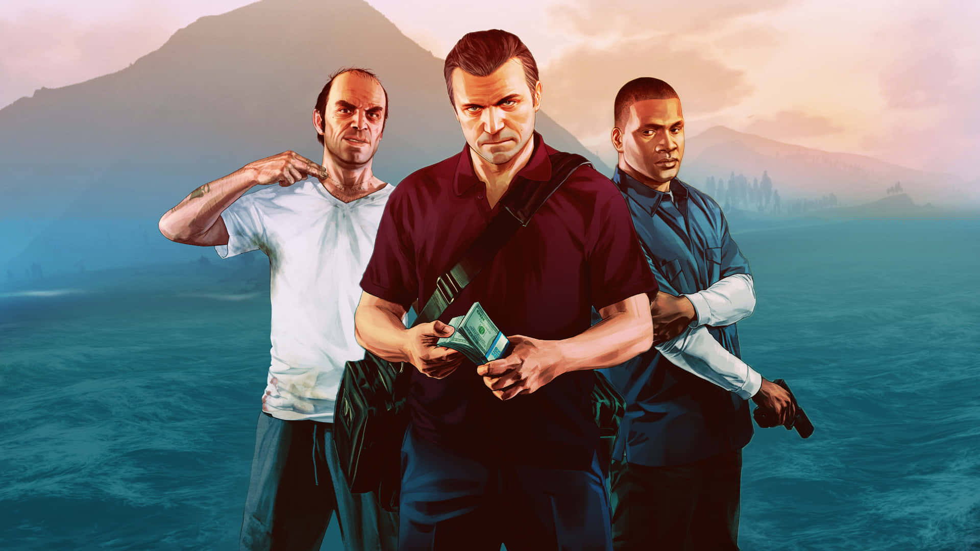 沉浸式《GTA 5》遊戲背景 壁紙 — 三個粗獷的電玩角色在朦朧的日落天空下，挑釁地站在海邊，手持現金和槍支。