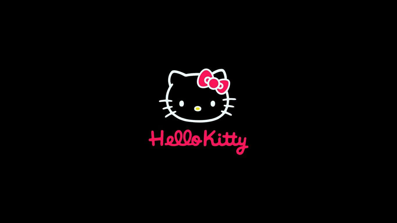 Hello Kitty標誌，帶粉紅色蝴蝶結和黑色背景上的文字