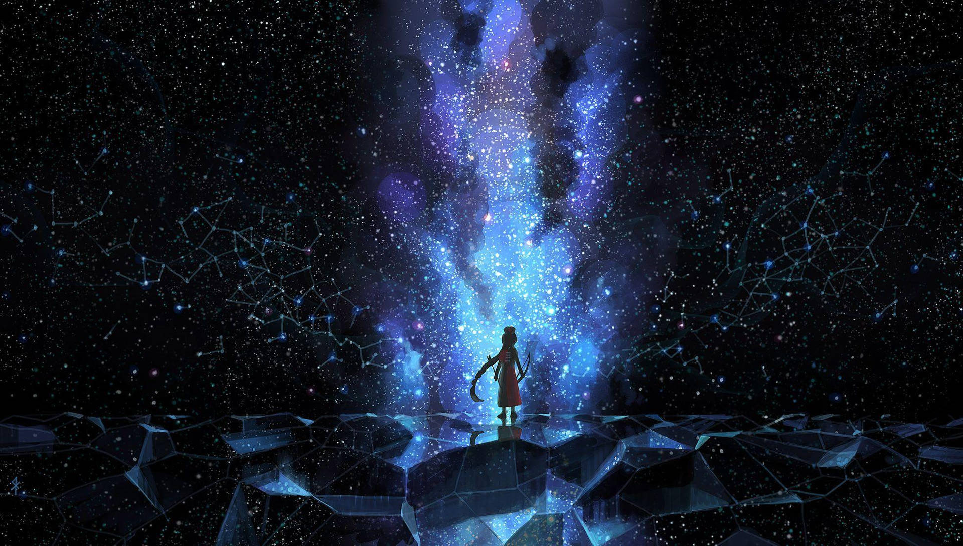 一個人的剪影站在星形平台上，下方是宇宙星爆。
