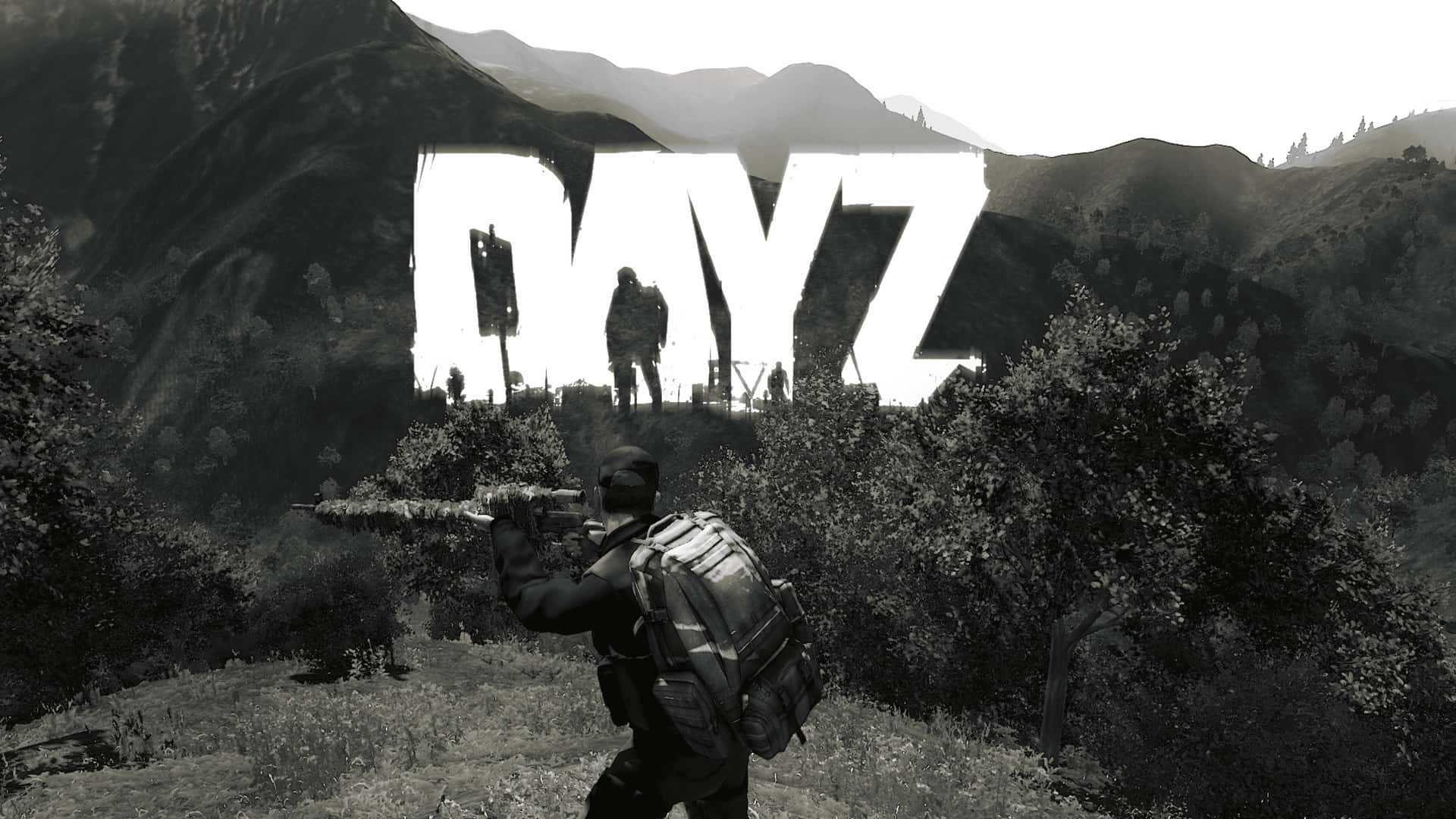 一名士兵在荒原中將步槍瞄準刻有DAYZ字樣的山丘。
