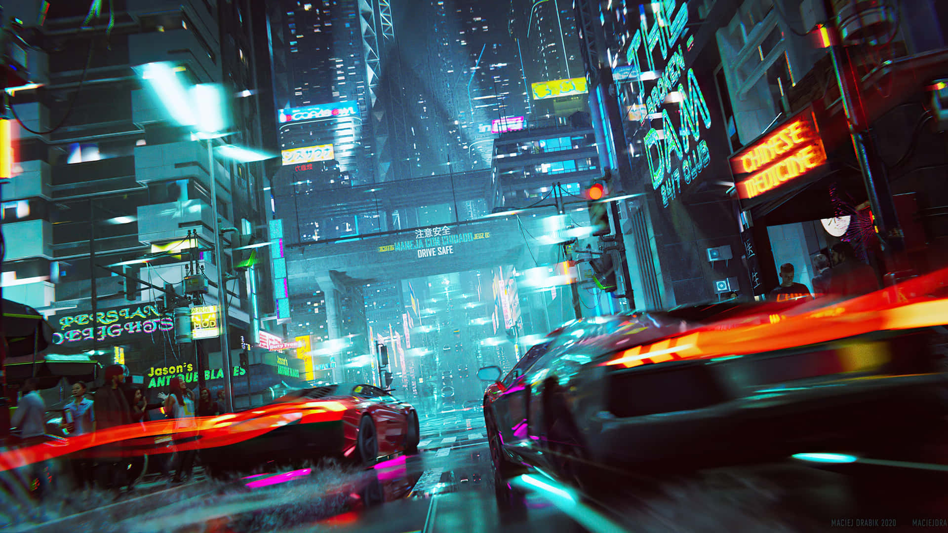 霓虹燈照亮 cyberpunk 城市街道，夜晚有高速行駛的汽車和發光招牌。