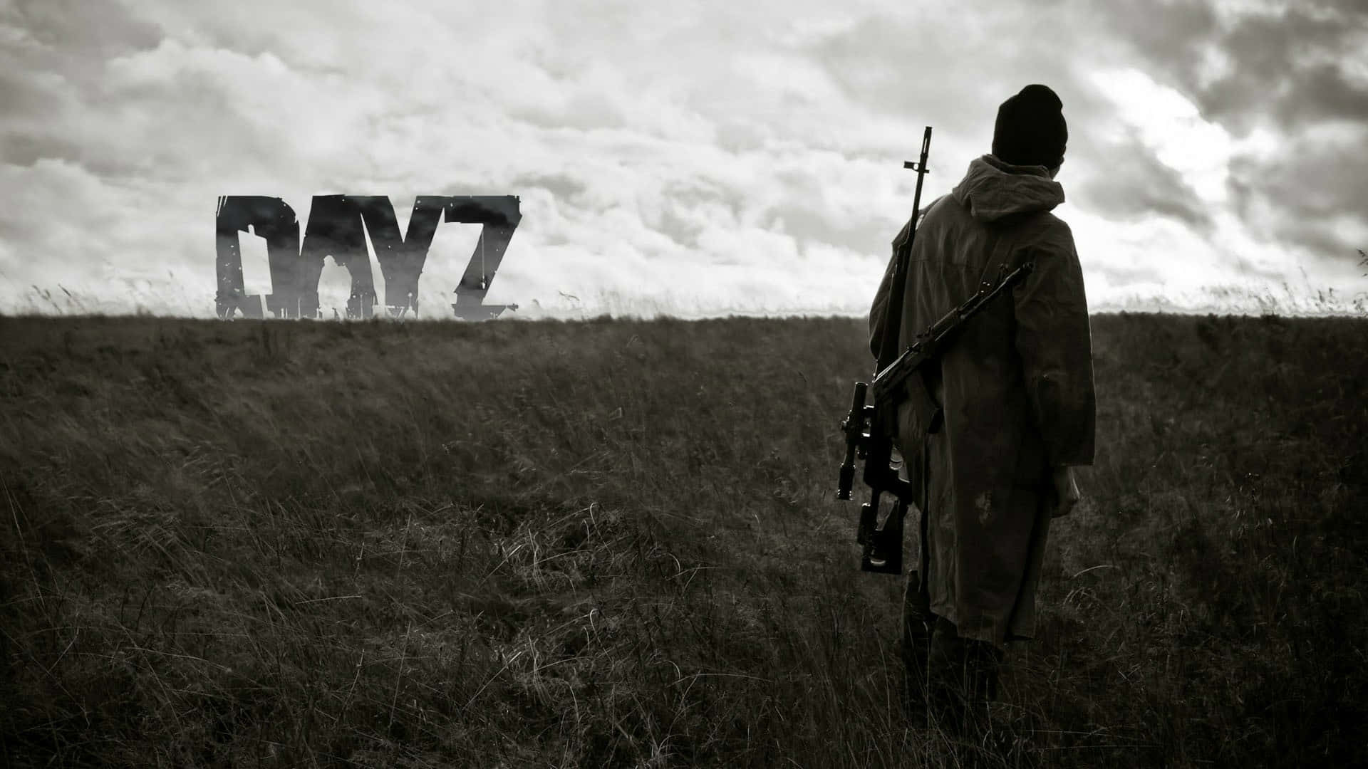 沉浸式遊戲體驗：1080p DayZ背景 壁紙 — 一名孤獨的士兵在田野中凝視著陰雲密布的天空中刻著的「DOYZ」一詞。