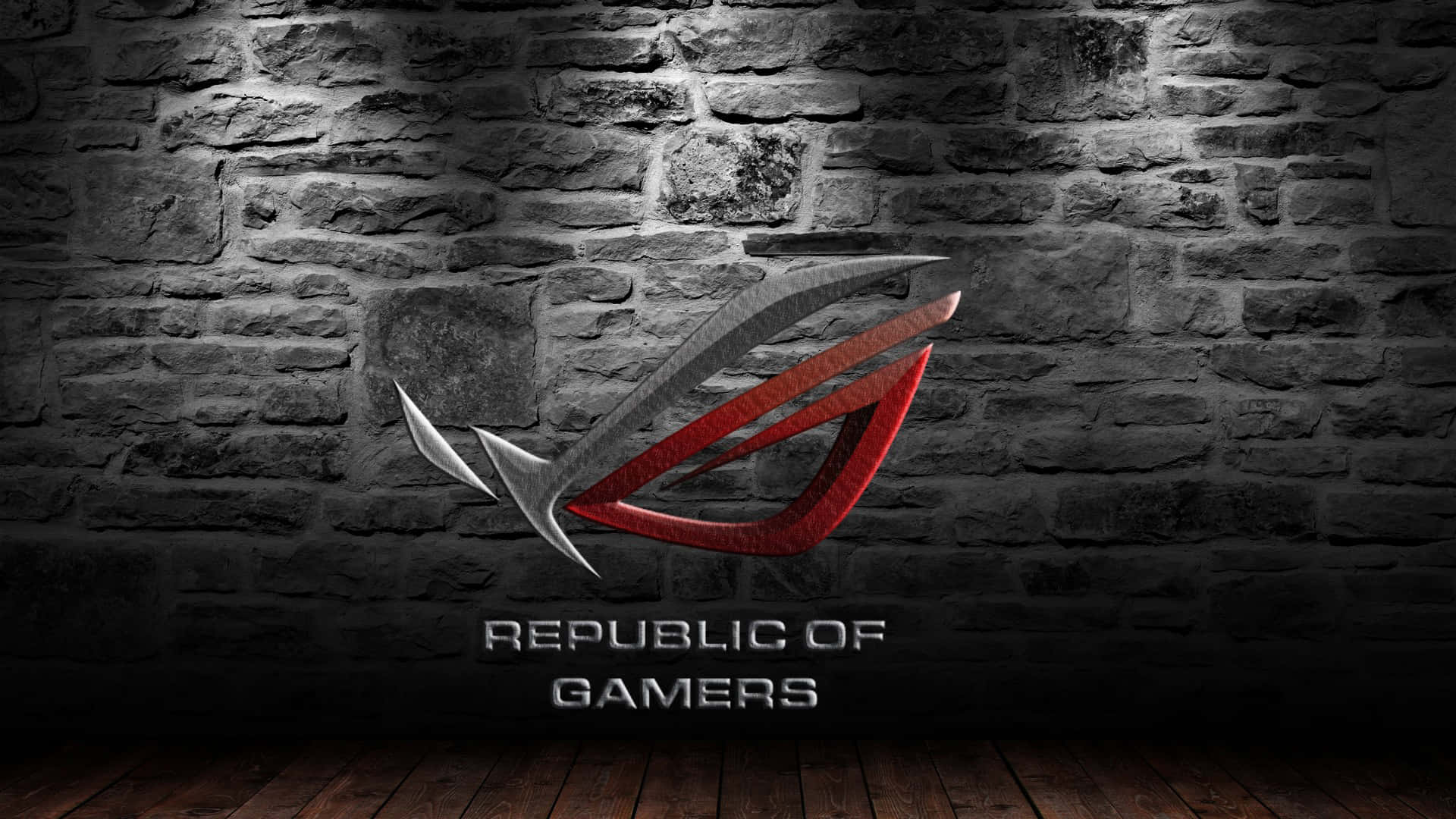 Republic of Gamers標誌在磚牆和木地板上