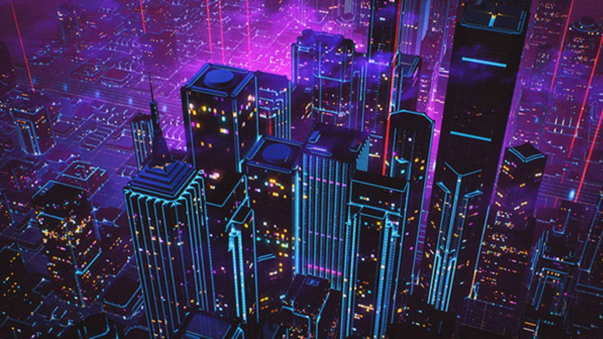 沉浸式霓虹紫色美學 壁紙 — 未來主義的城市夜景，高聳的摩天大樓在黑暗的天空中閃爍著霓虹紫色和藍色的光芒。