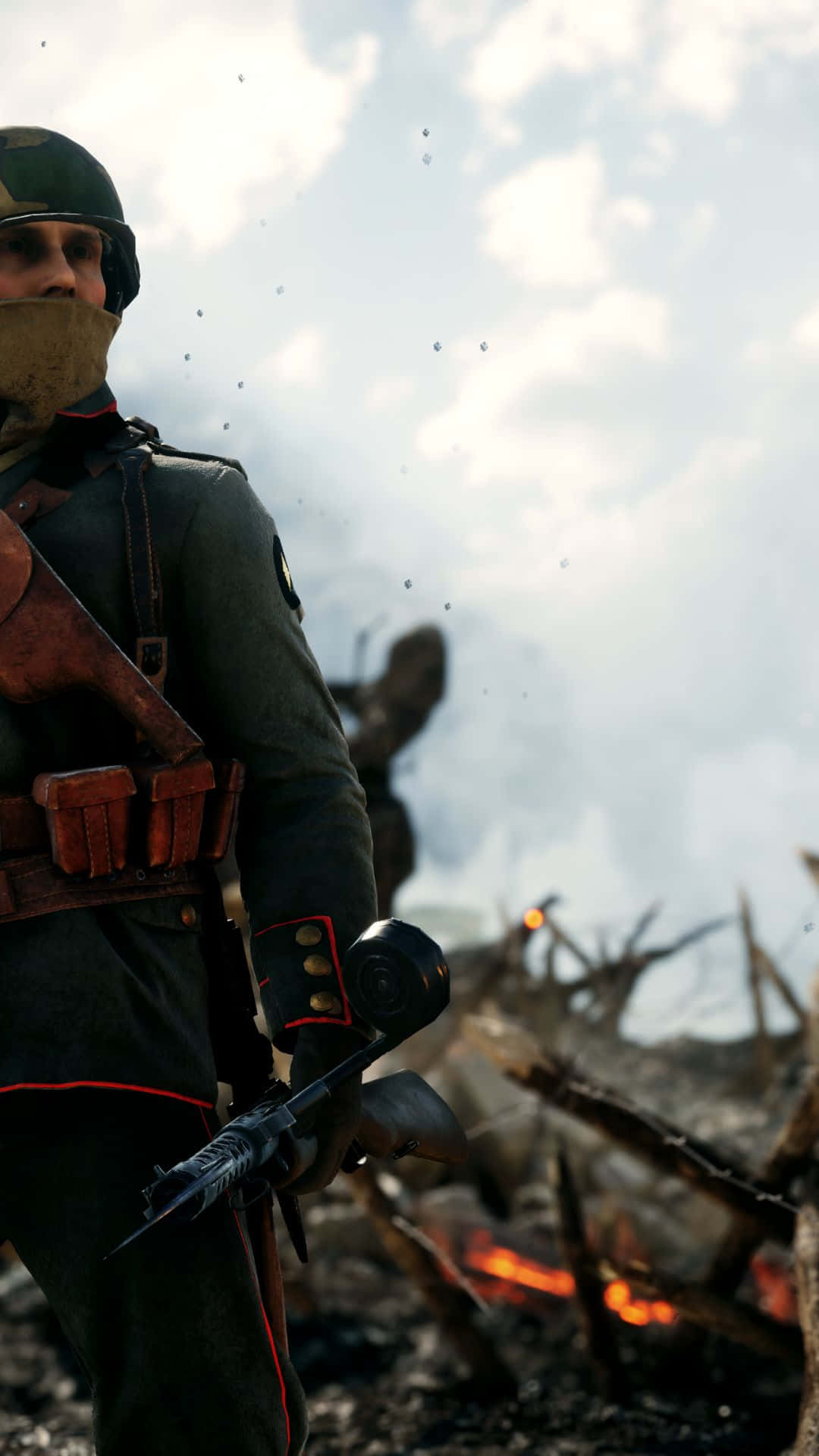 穿著一戰軍服的士兵在戰場煙霧和火焰中手持步槍。