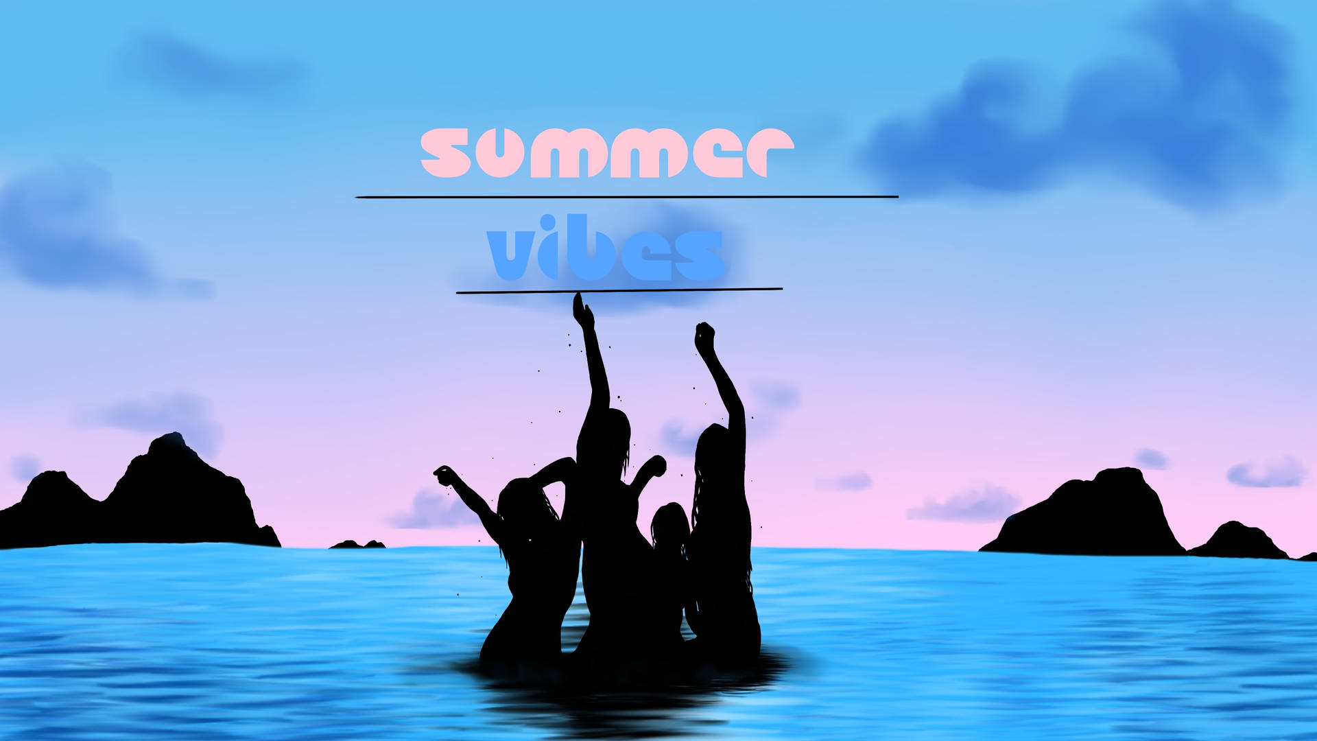朋友們在海水中的剪影，在日落時慶祝夏天。