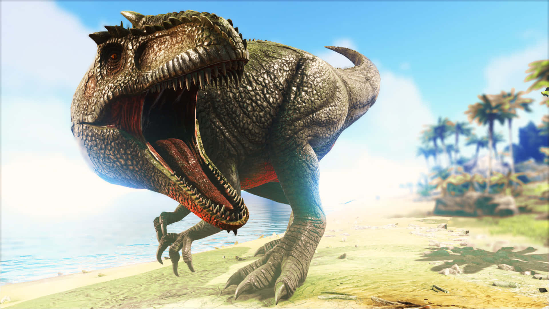 沉浸於 ARK 生存 4K 的世界 壁紙 — 一頭咆哮的暴龍站在陽光明媚的海灘上，背景有棕櫚樹和海洋。
