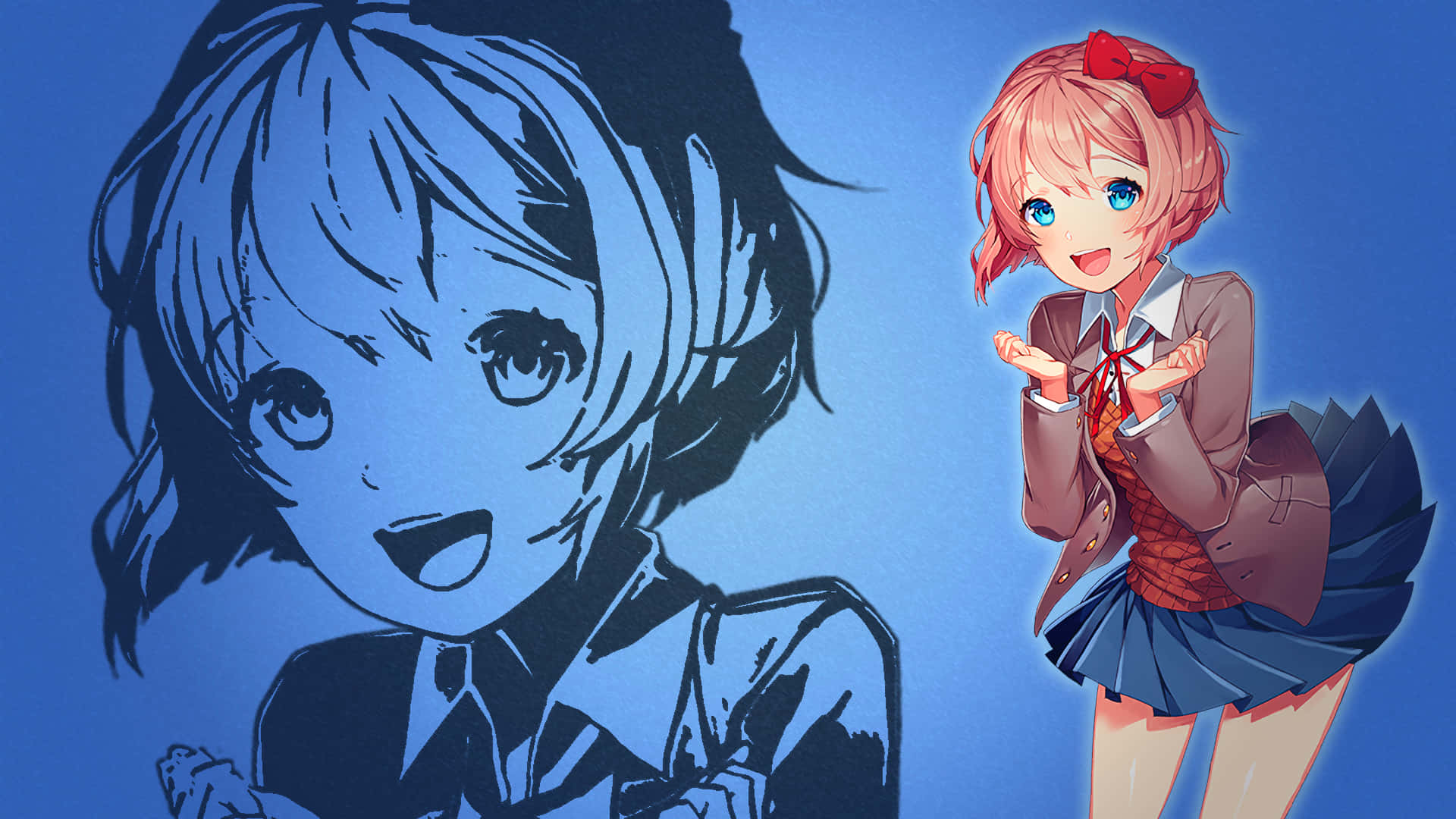 兩個動畫女孩 一個色彩繽紛微笑 一個藍色素描風格