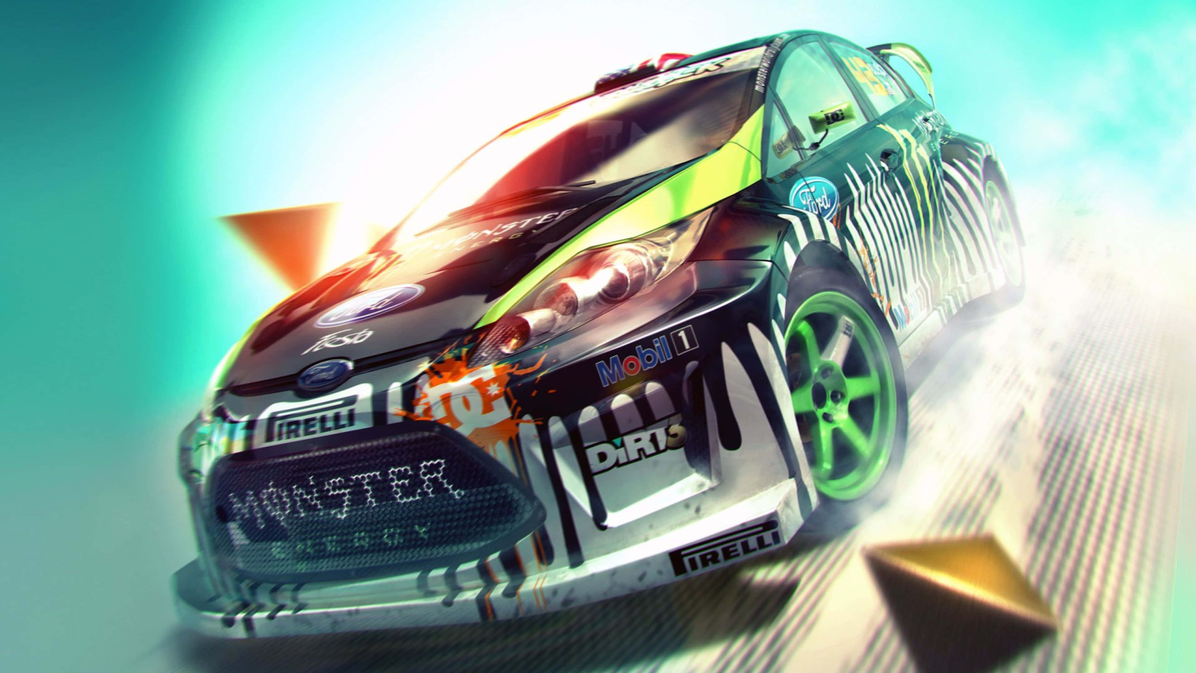 沉浸於《Dirt 3》賽車刺激體驗 壁紙 — 一輛帶有Monster Energy品牌的高速飄移賽車，在明亮燈光下的發光賽道上揚起煙霧。