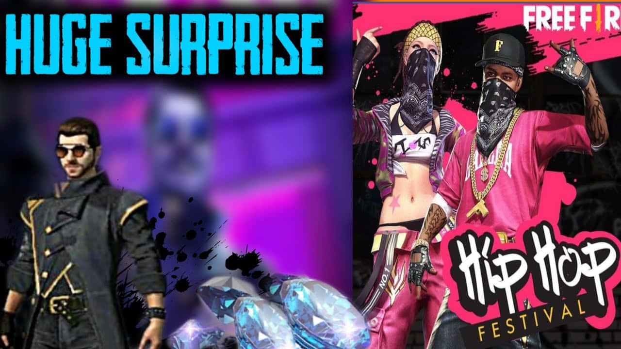 沉浸於《Hip-Hop Free Fire》的音樂與戰鬥之美 壁紙 — 兩個風格化的遊戲角色穿著嘻哈節日裝備，在充滿活力的紫色背景前，在發光的寶石旁邊擺姿勢。