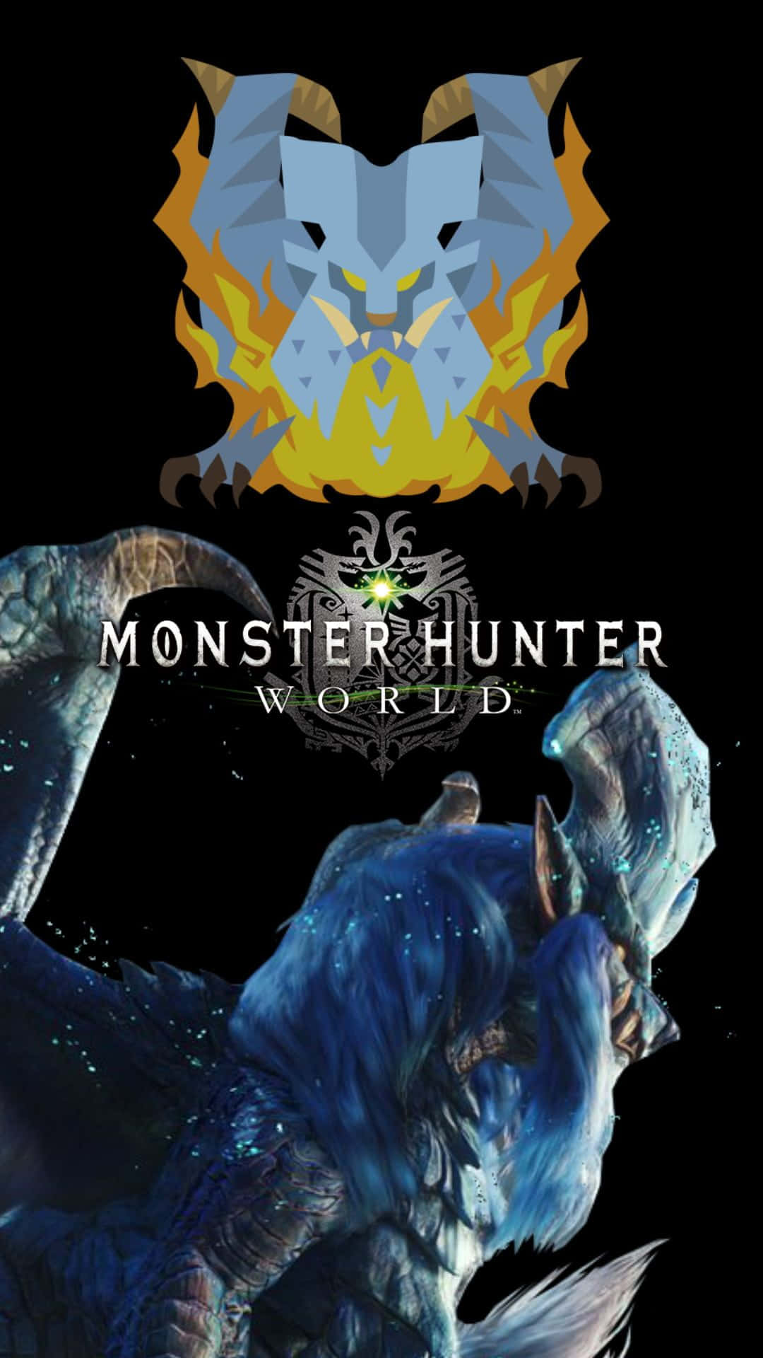 來自遊戲Monster Hunter World的藍色怪物，有著發光的眼睛和火焰般的角。