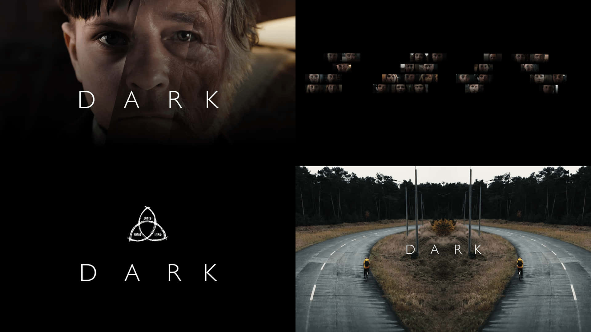 電視劇Dark的宣傳拼貼畫，包含臉孔、符號和路上的騎單車者。