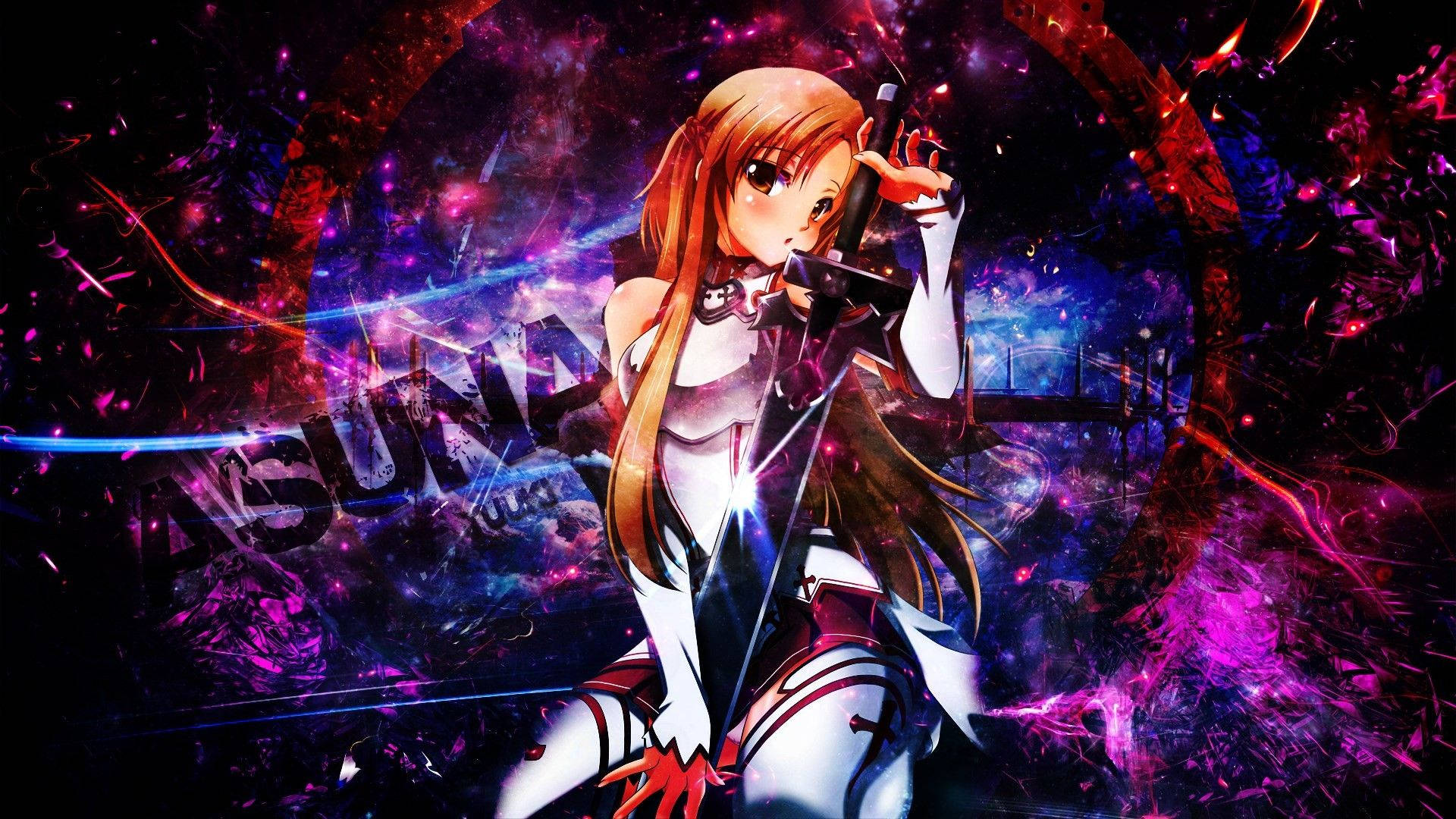 動漫戰士女孩在宇宙環境中手持發光的劍。