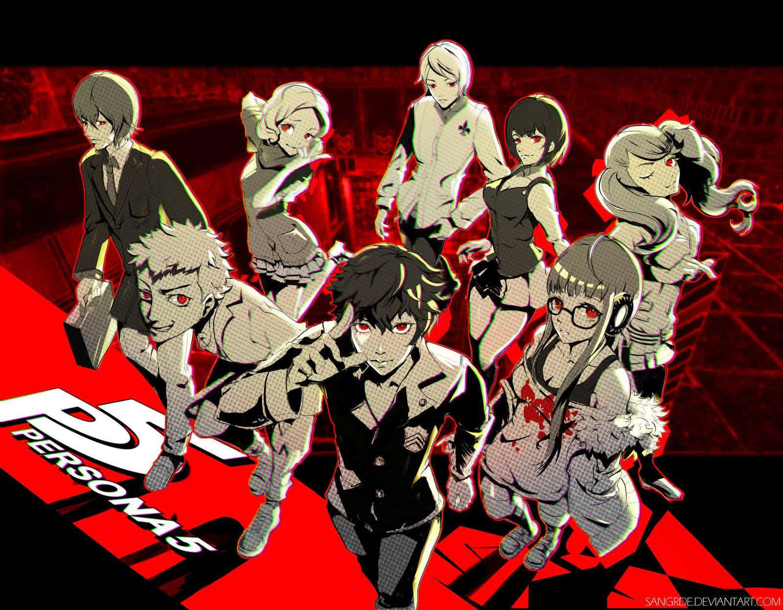 七個紅眼帶血跡、穿著校服的動漫角色為Persona 5擺姿勢。