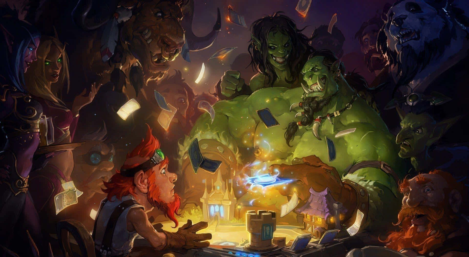 奇幻生物在黑暗的酒館中用發光的魔法玩紙牌遊戲。