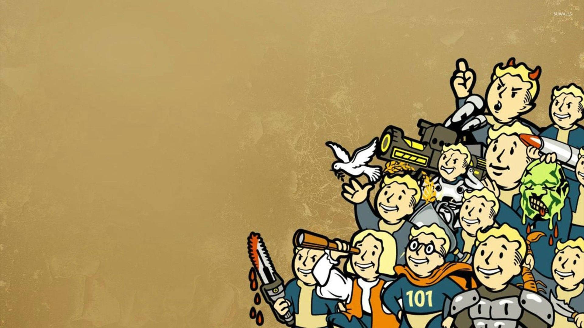 沉浸於《輻射》的後末日世界 壁紙 — 一群來自Fallout的避難所小子混亂地手持武器和一隻鴿子，背景是帶紋理的米色。
