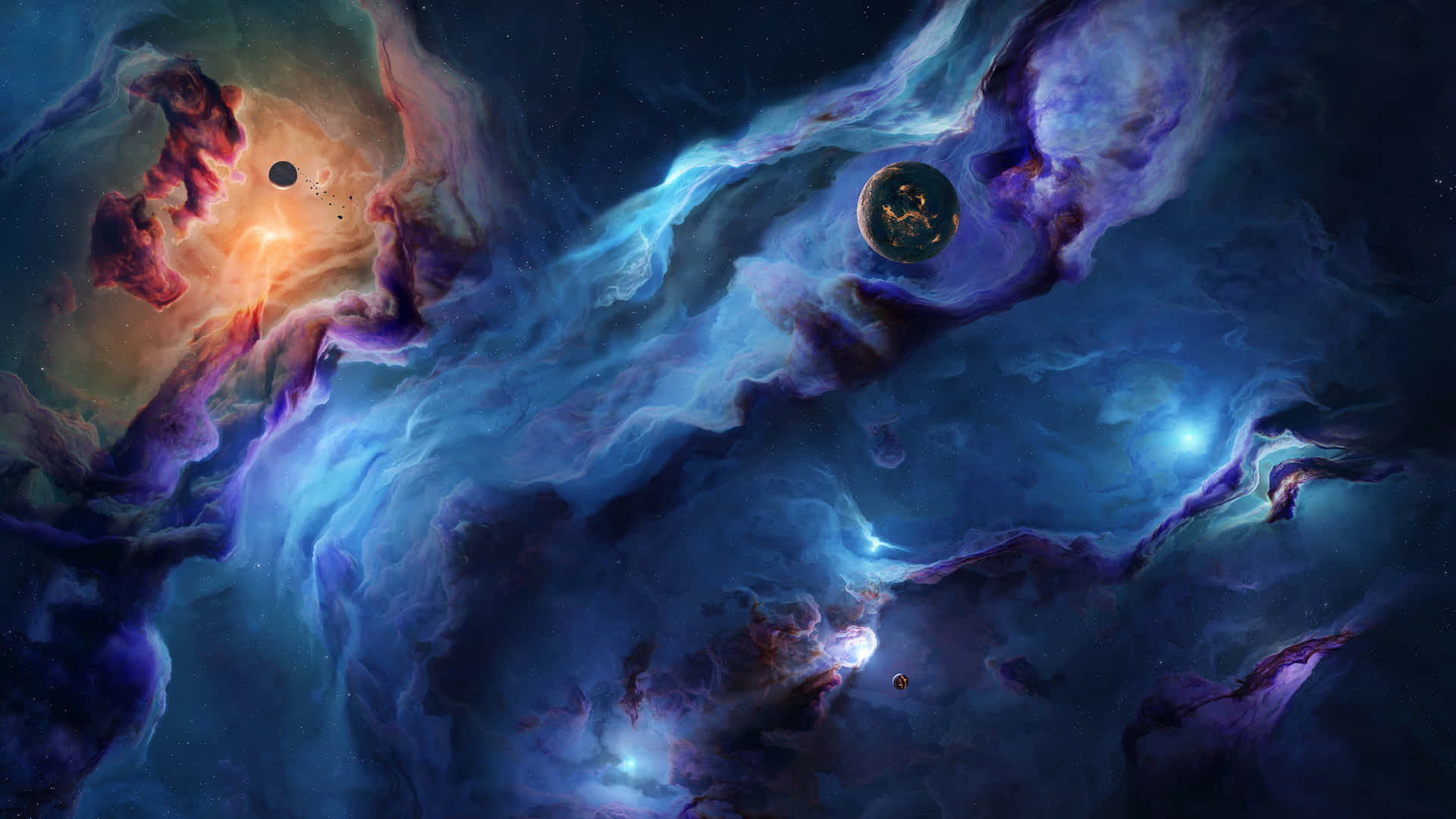 色彩繽紛的宇宙星雲，在深空中有發光的恆星和行星。