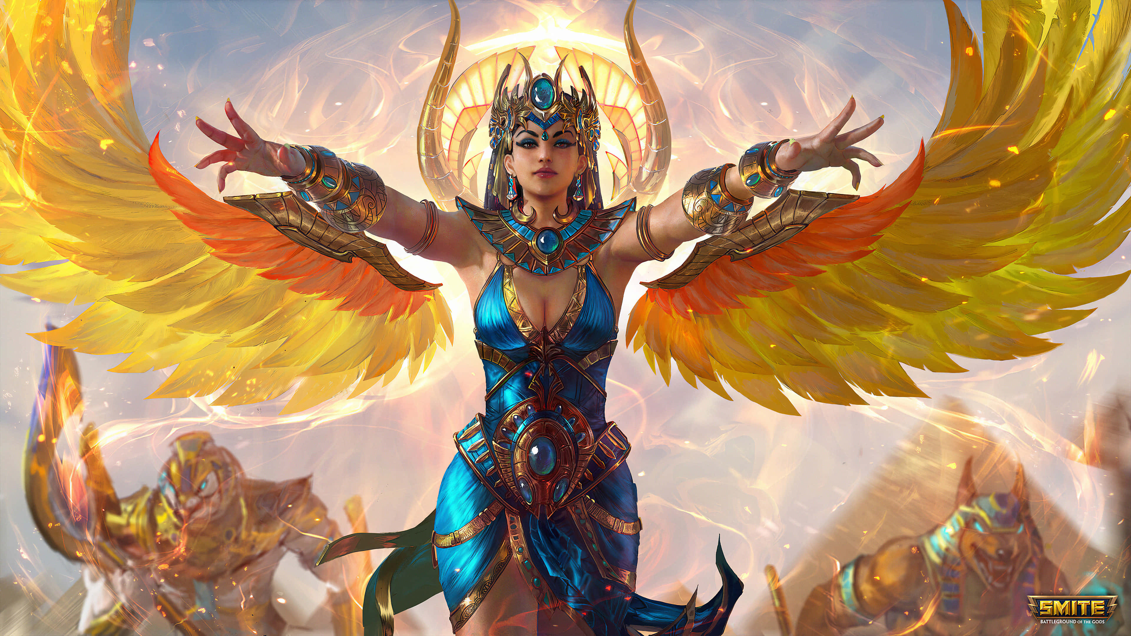 沉浸於SMITE的神話世界 壁紙 — 一位閃耀的女神，擁有金色翅膀和藍色盔甲，在發光的天空下勝利地站立，神聖能量在她周圍旋轉。