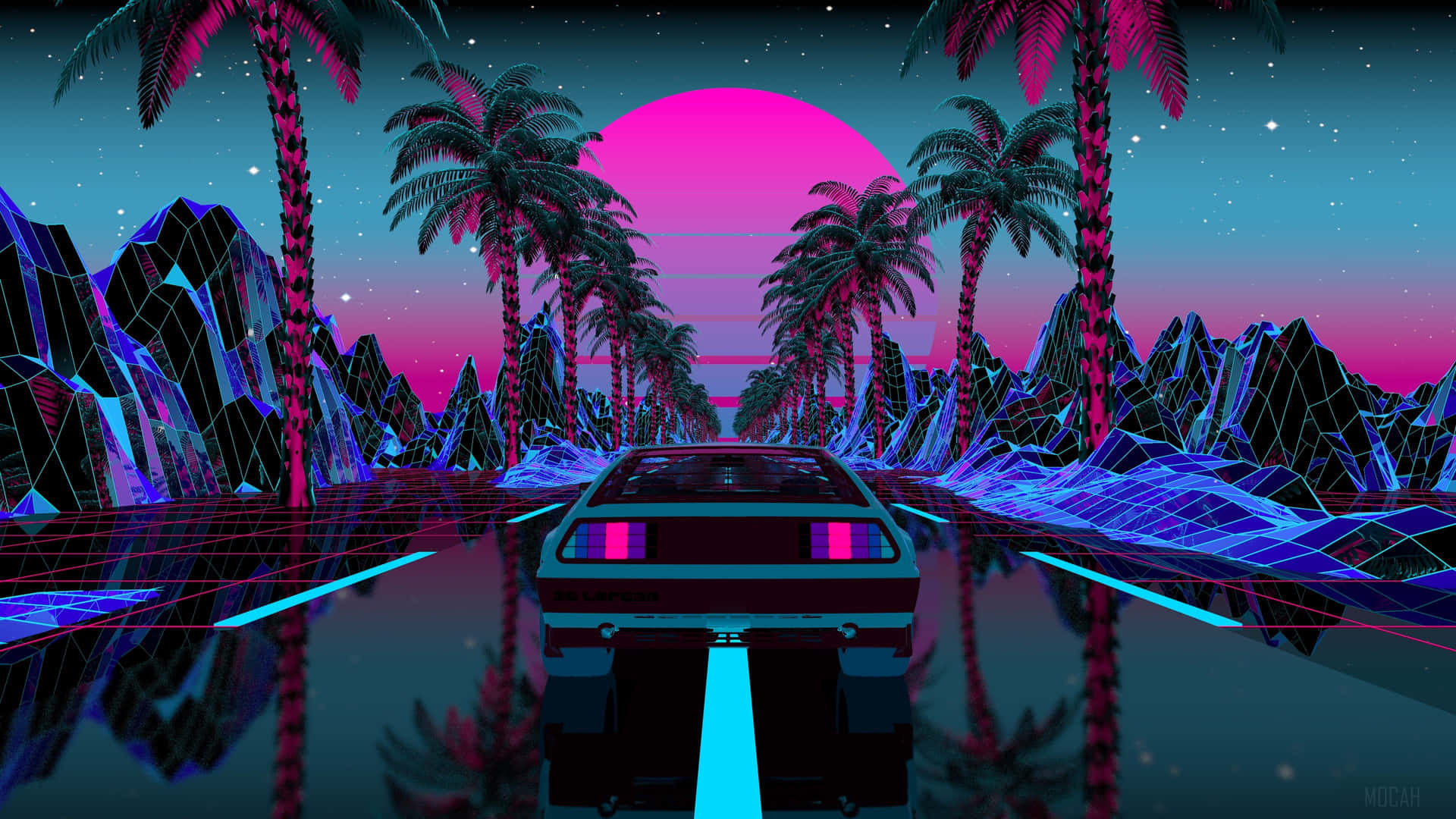 夜間，一輛霓虹燈照亮的汽車在粉紅色太陽下穿過棕櫚樹。