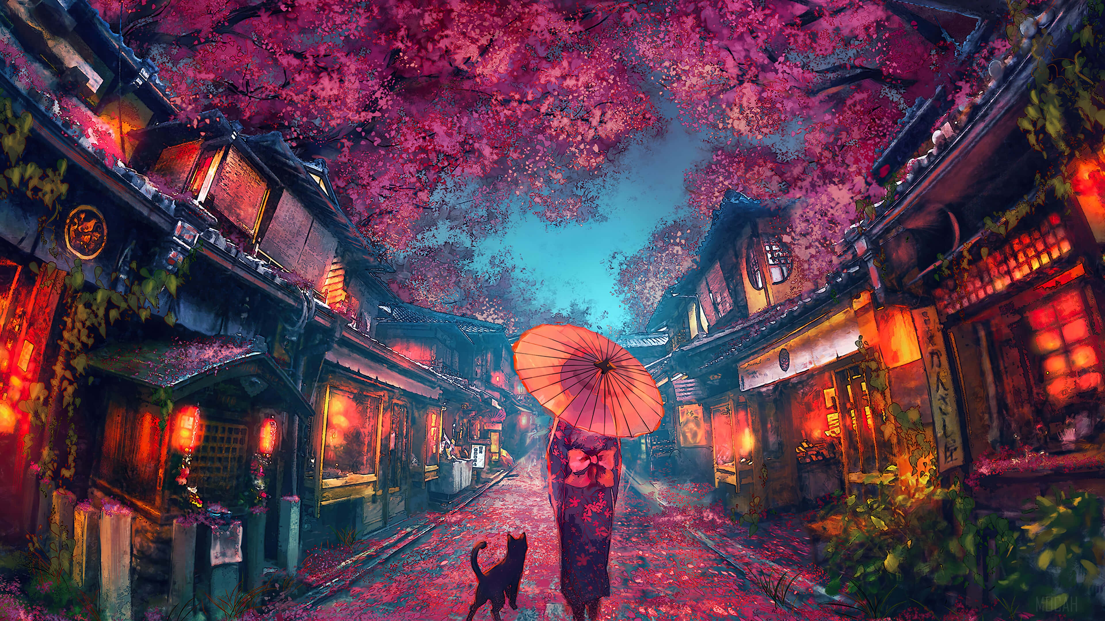 沉浸於動畫美學的世界 壁紙 — 一個孤獨的身影撐著紅傘，帶著一隻黑貓，走在燈籠照亮的日本街道上，上方是發光的粉紅色櫻花樹冠。