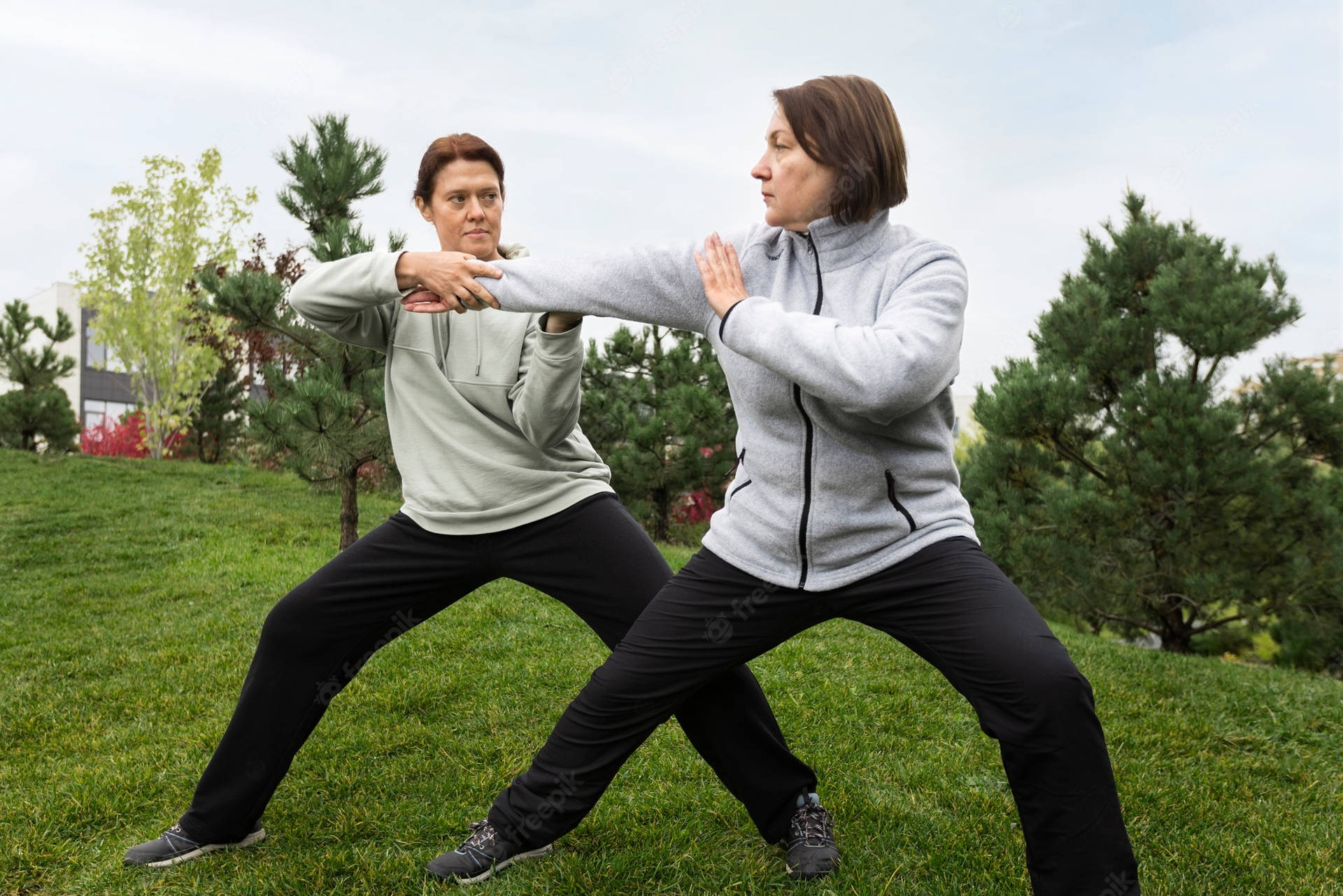 兩位女士喺陰天嘅公園練習武術。