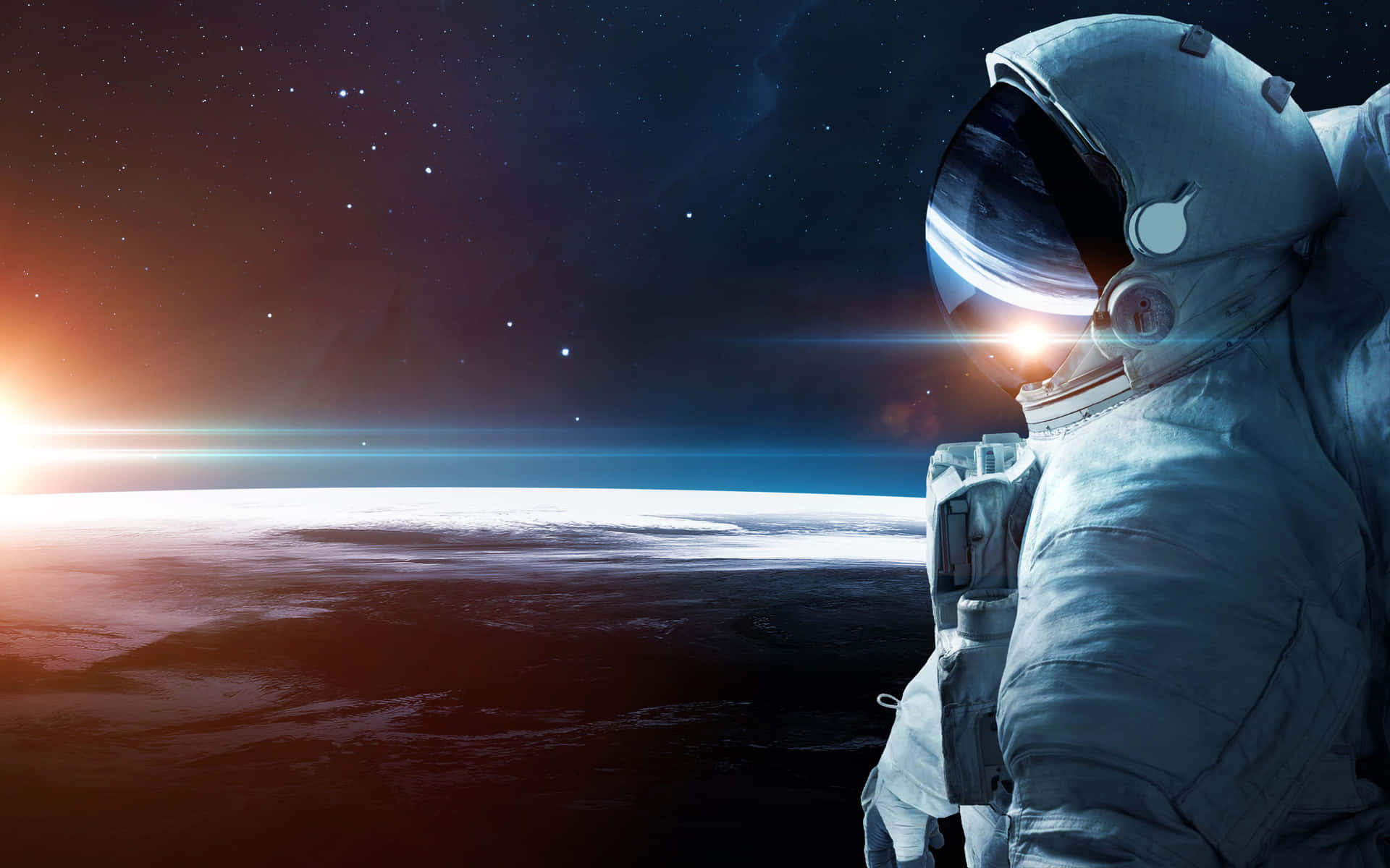 太空人在太空中漂浮，觀看一顆發光的行星，背景有星星。