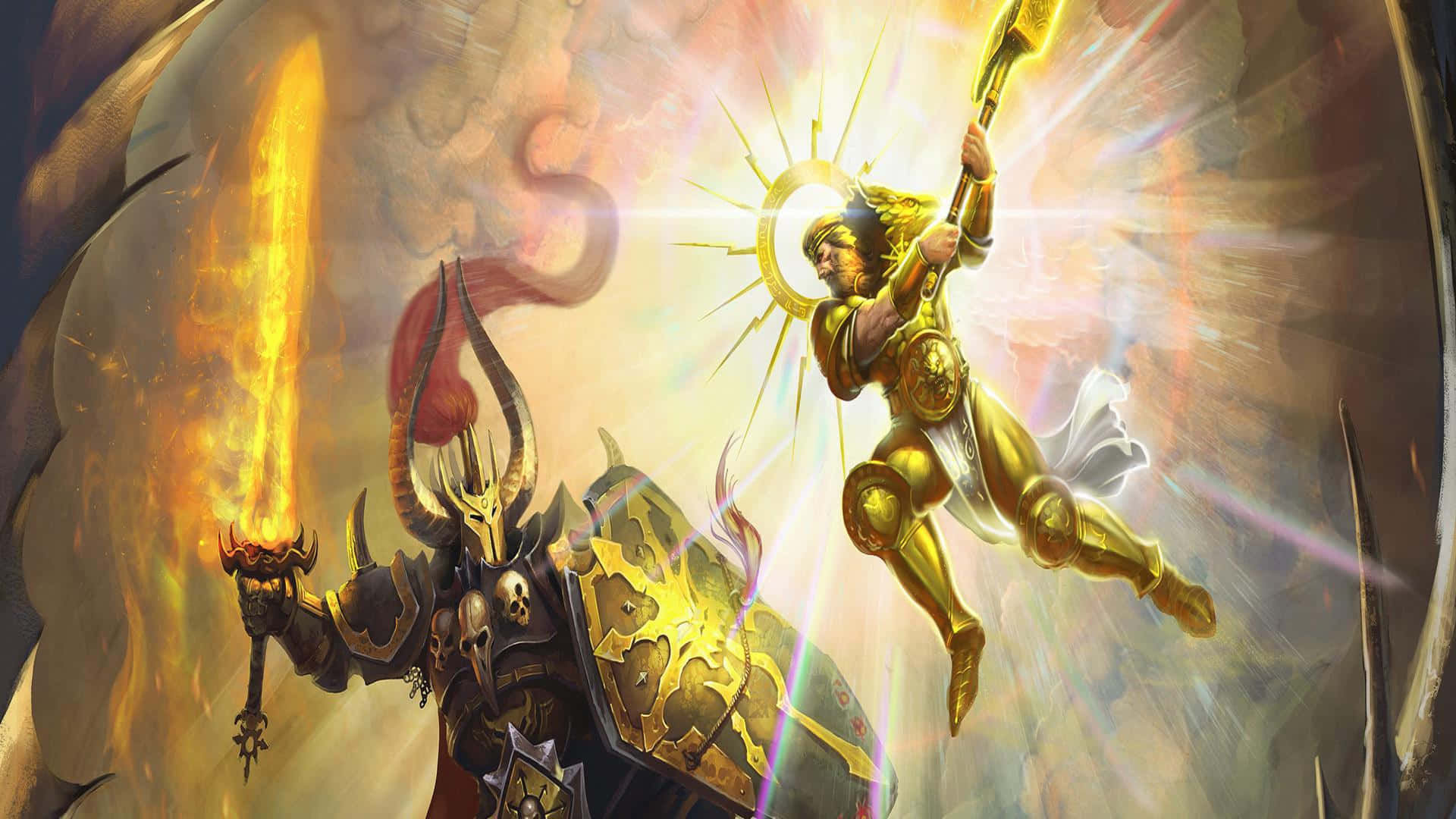沉浸於戰場 — 高清《戰錘40K：戰鎚3》背景圖 壁紙 — 一位金色盔甲戰士手持光芒四射的劍，飛翔對抗一個揮舞火焰刀刃的黑暗有角惡魔。