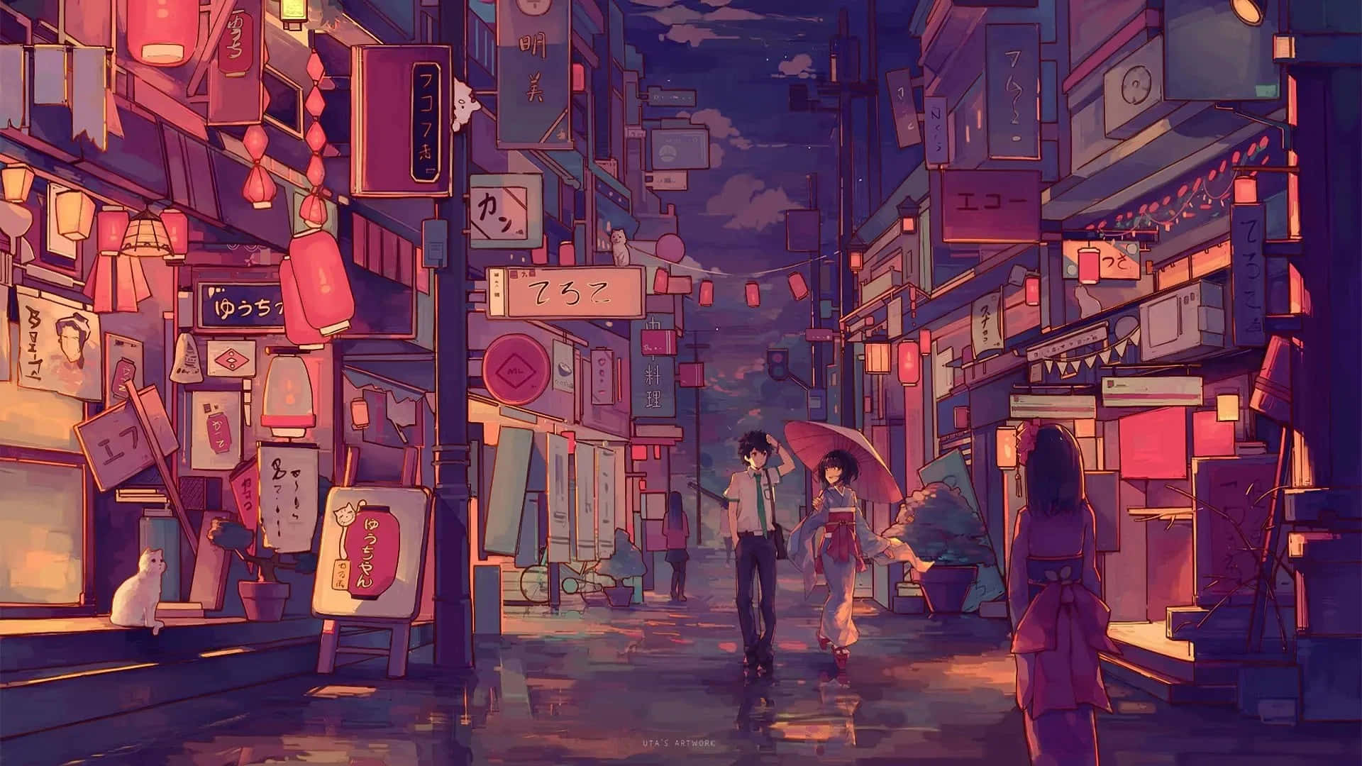 沉浸於日式動畫世界，體驗其美學魅力 壁紙 — 一個雨夜，在霓虹燈照亮的日本小巷中，兩個人影在發光的燈籠和彩色招牌下行走。