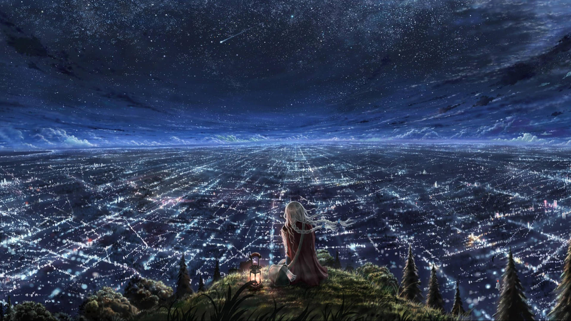 一個白髮動漫角色坐在山上，俯瞰著星空下夜晚閃爍的城市。