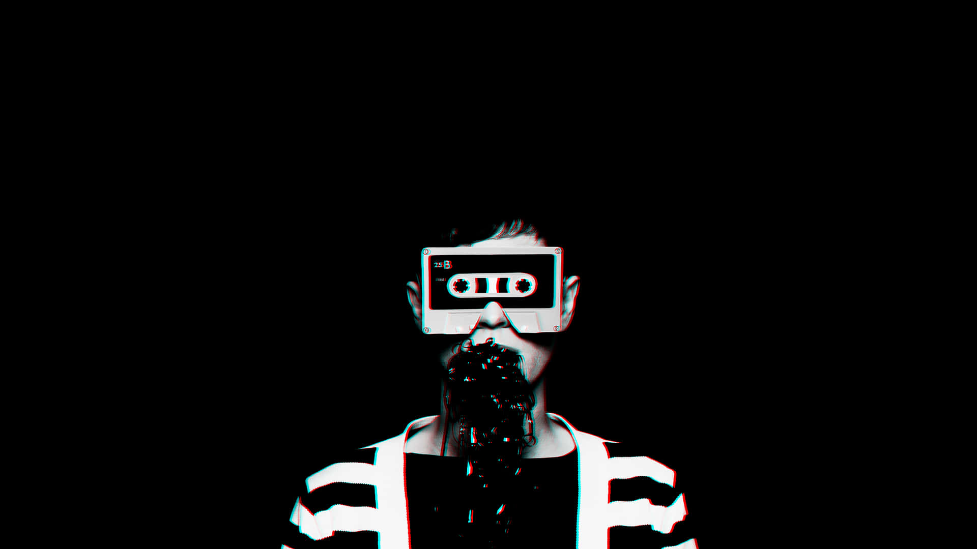 一個人用卡式錄音帶遮住眼睛，帶有故障效果。