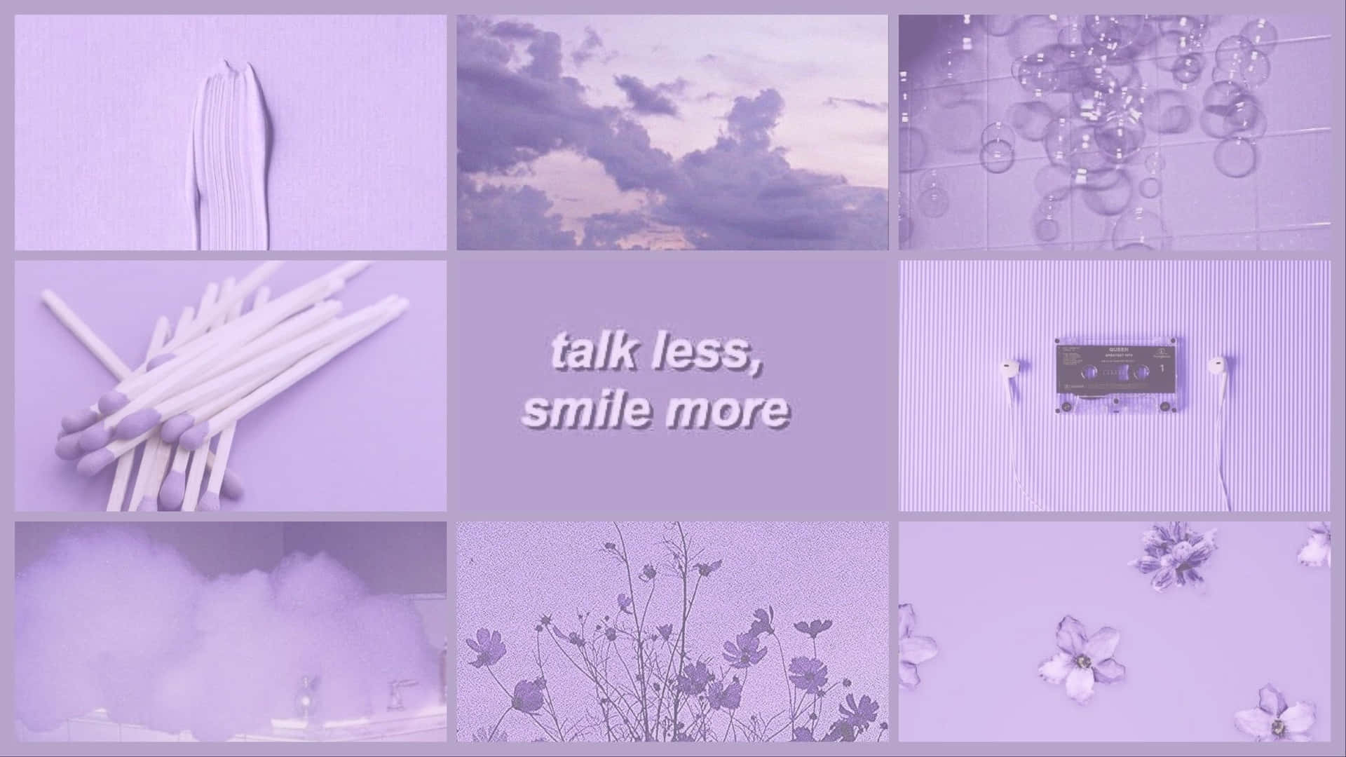 薰衣草色拼貼，包含花朵、雲朵、卡式錄音帶和棉花棒，文字「talk less smile more」。