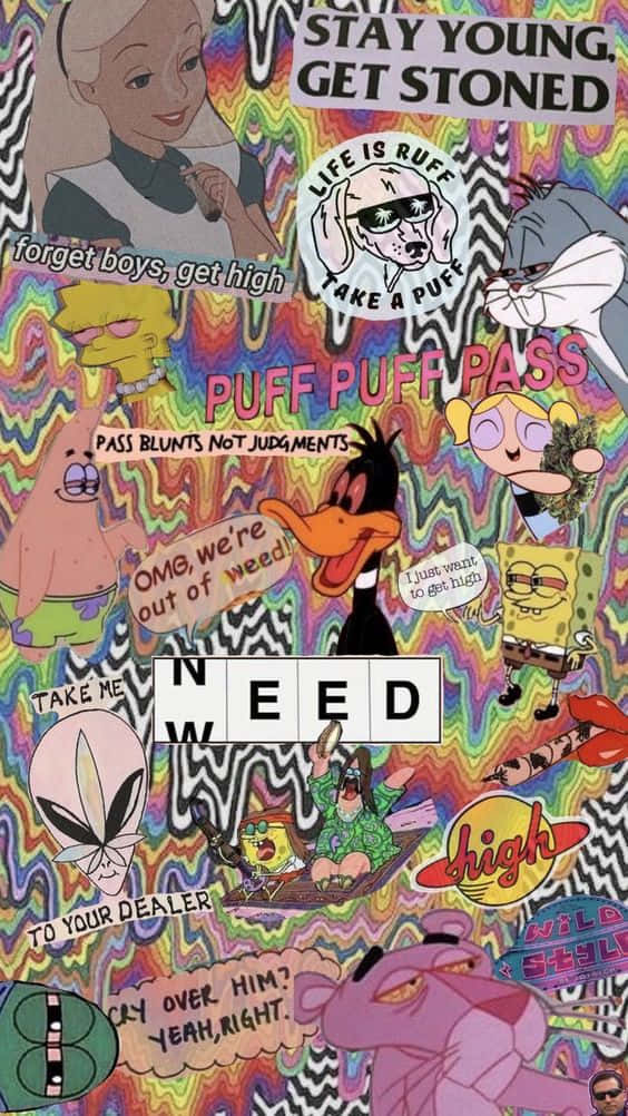 帶有大麻標語的迷幻拼貼畫中的卡通人物。