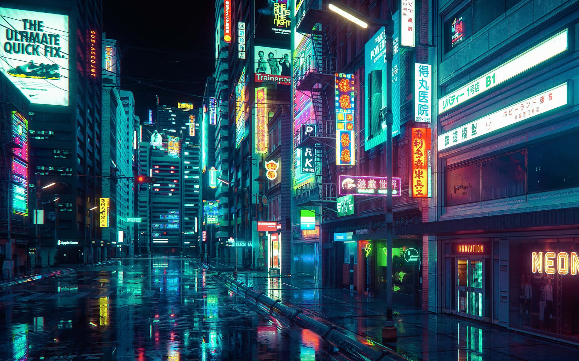 在未來風格的日本城市夜晚，霓虹招牌在潮濕的街道上閃耀。