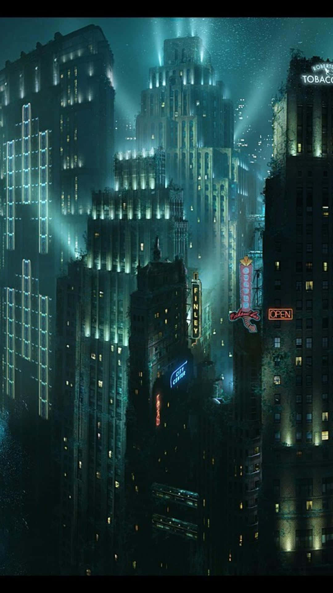 夜晚的未來城市天際線，帶有發光的霓虹燈標誌和高聳的建築物。