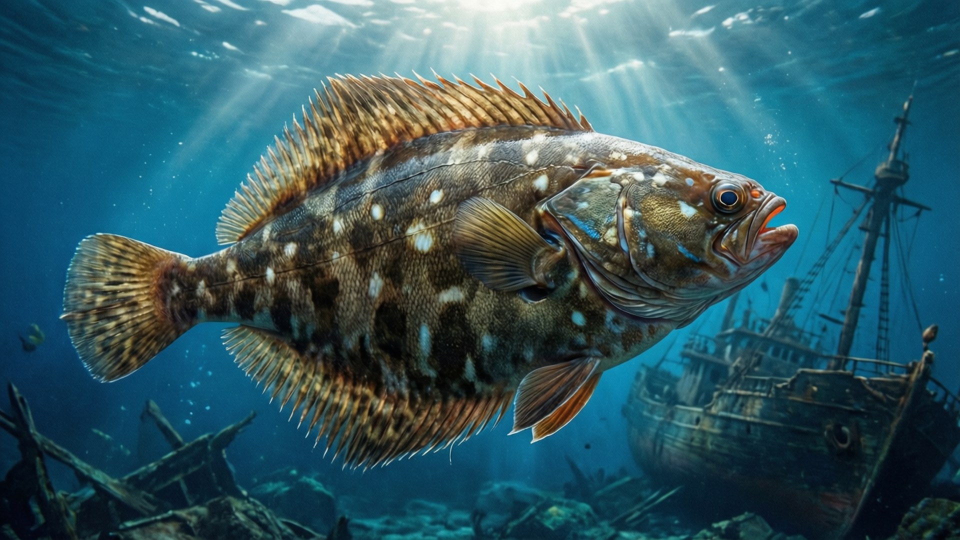 一條大型斑點魚在深藍色海洋中靠近陽光照耀的沉船附近游動。