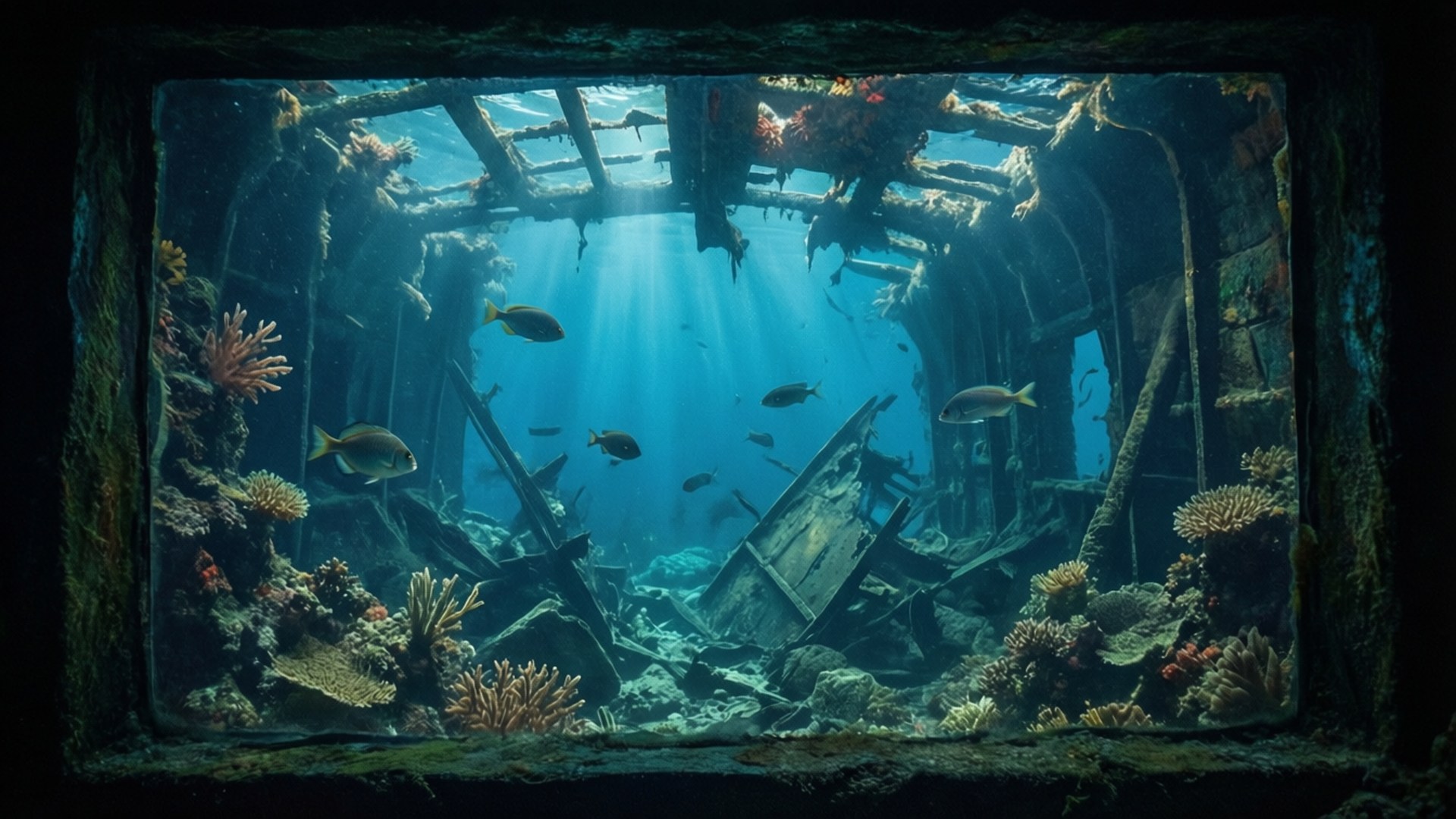沉船水族館 壁紙 — 陽光穿過一艘沉船生鏽的船體，如今被鮮豔的珊瑚和游動的魚兒所擁抱。