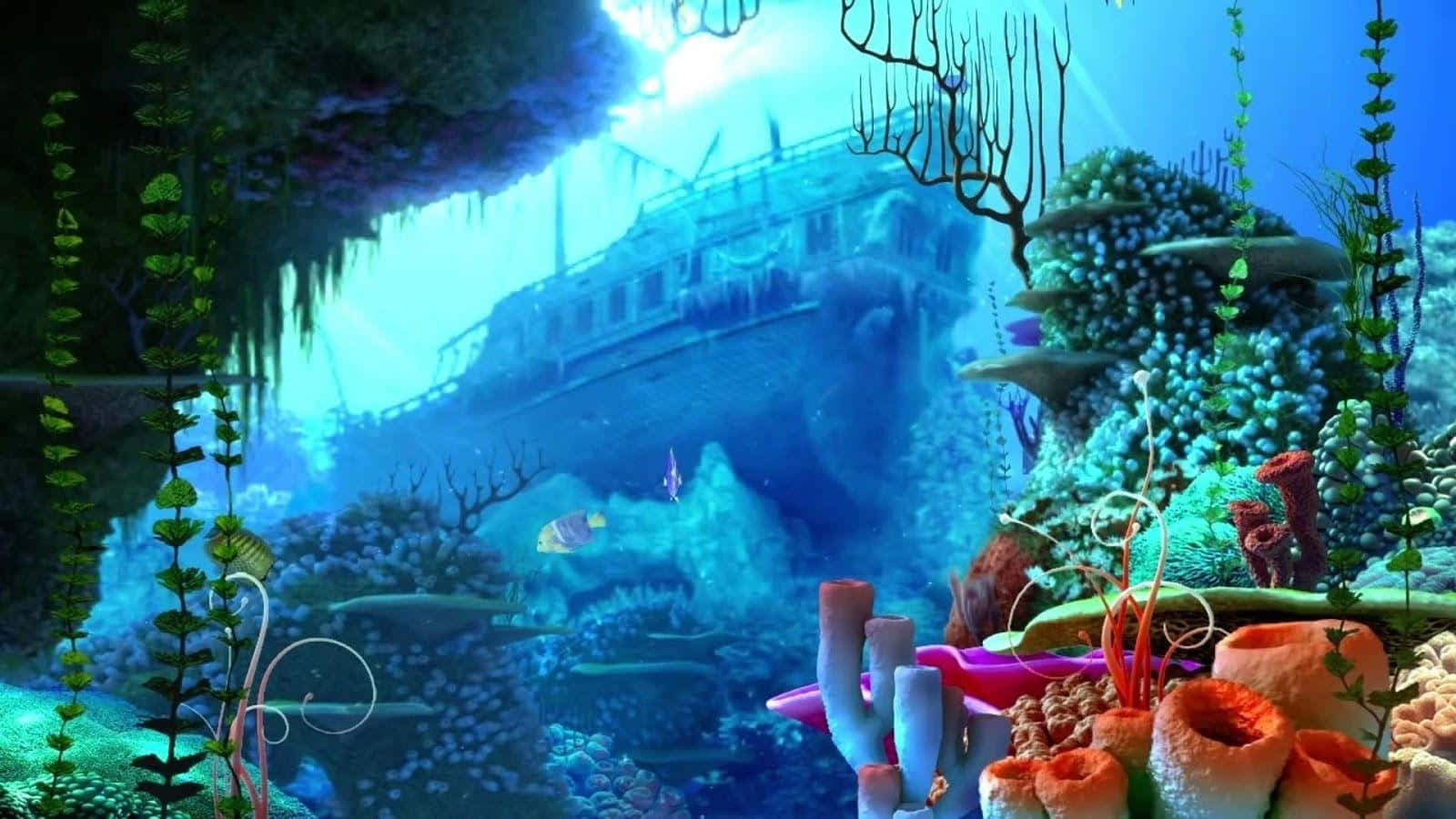 沉船魚缸背景 壁紙 — 陽光照耀的珊瑚礁，充滿色彩繽紛的魚類和異國海洋植物，環繞著深藍色海洋中的沉船殘骸。