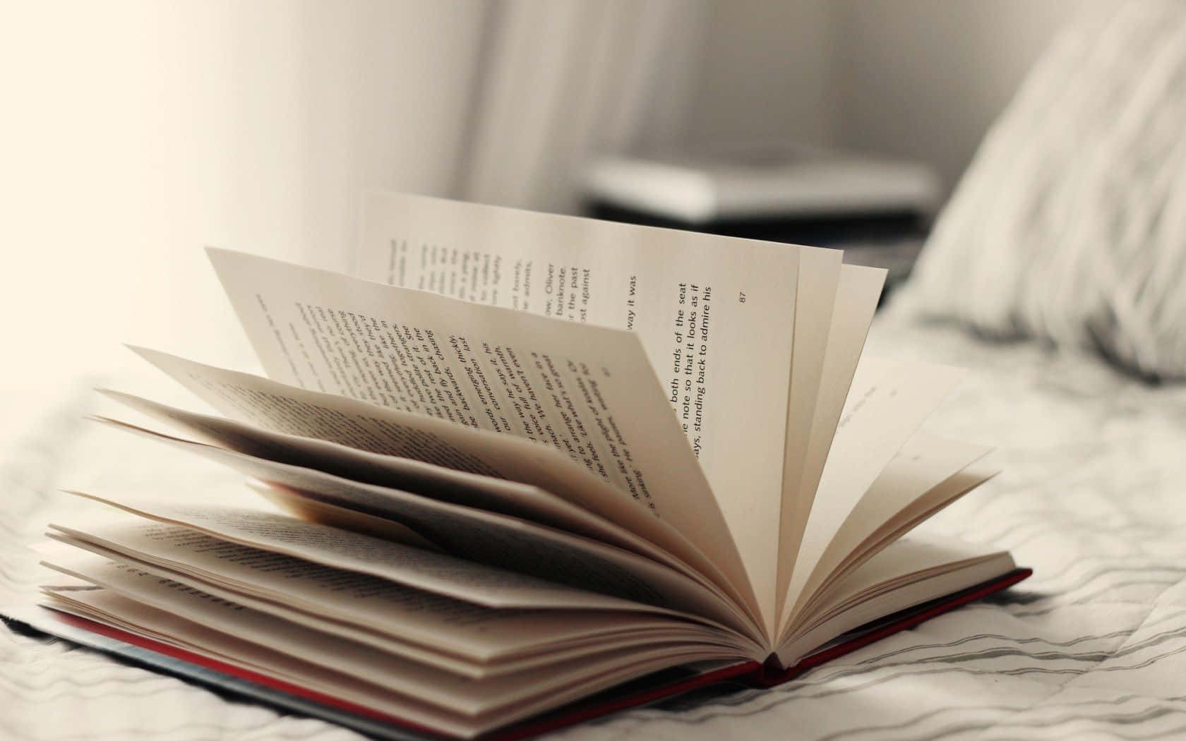 打開的書放在安靜房間裡柔軟床鋪上。