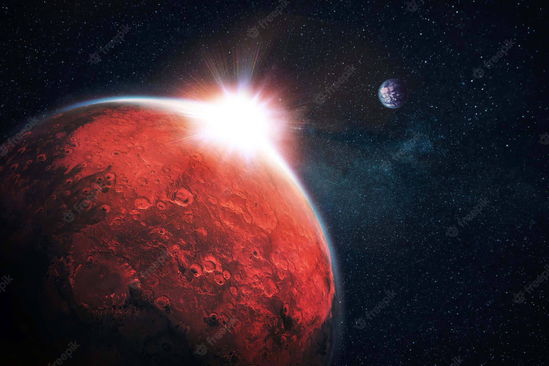 紅色行星、日出與星空中的藍色月亮